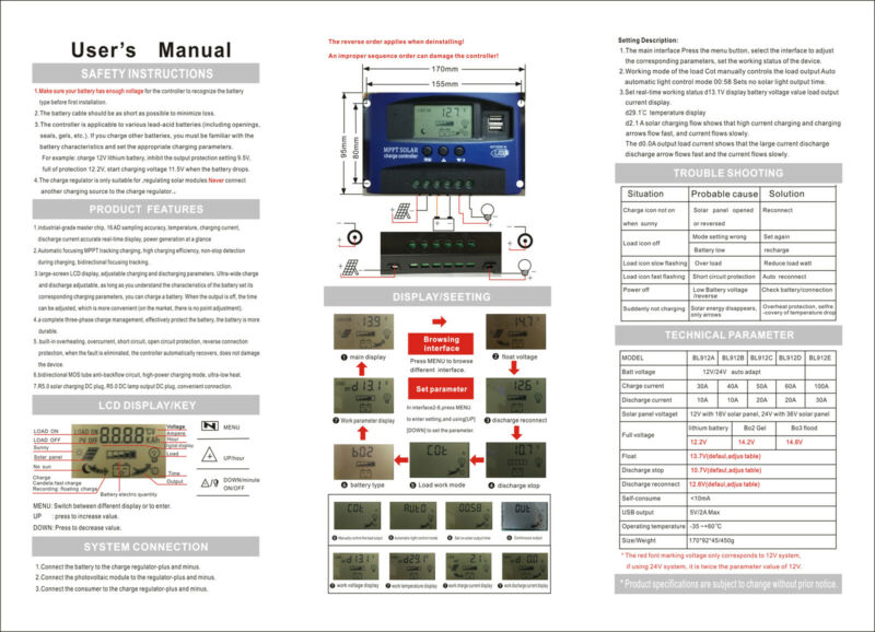 100A MPPT Solar Charge Controller 12V/24V Auto Detect Regulator with Dual USB Ports