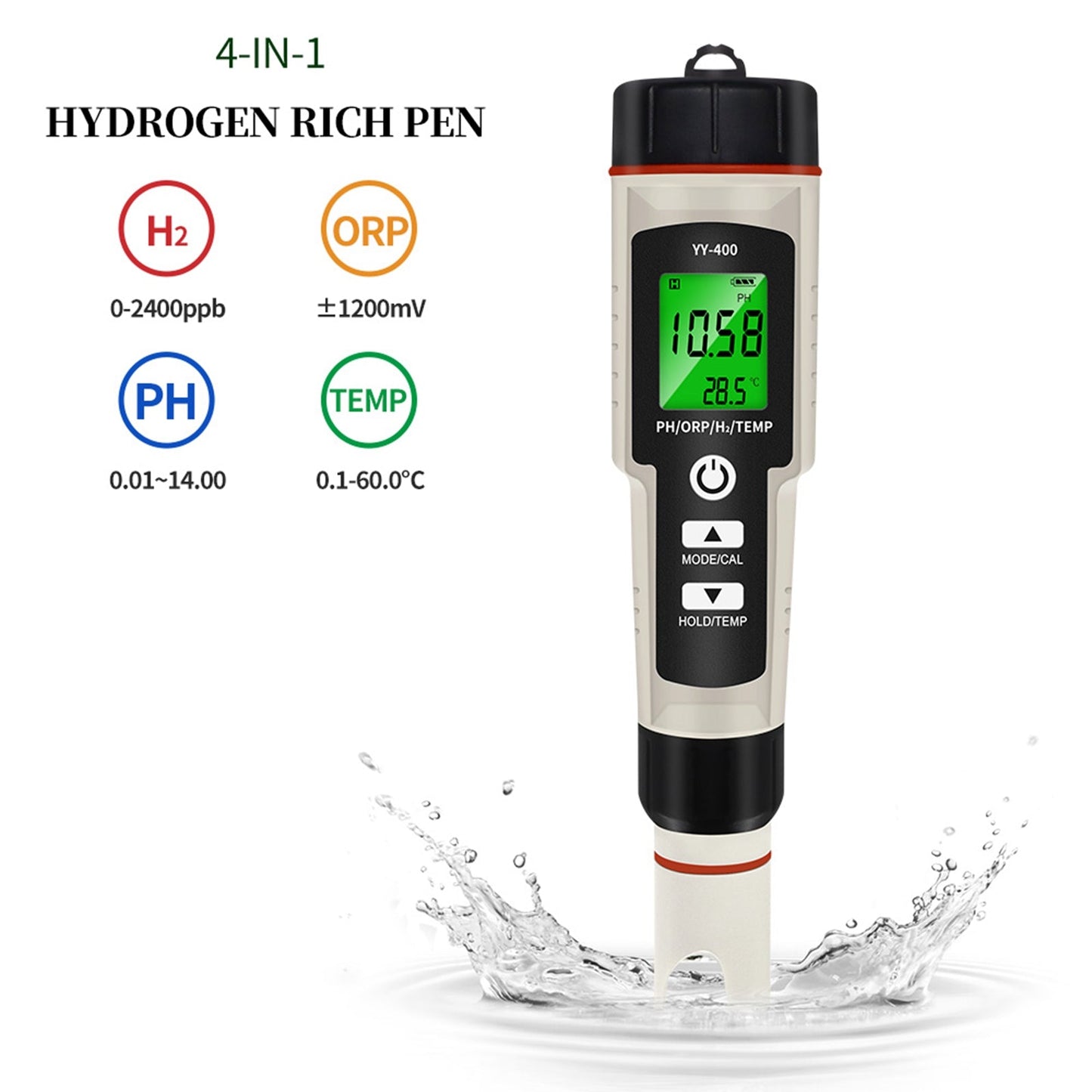 Digital Hydrogen Water Tester, 4-in-1 Meter for H2, pH, ORP & Temperature for Bottles & Generators