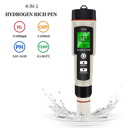 Digital Hydrogen Water Tester, 4-in-1 Meter for H2, pH, ORP & Temperature for Bottles & Generators