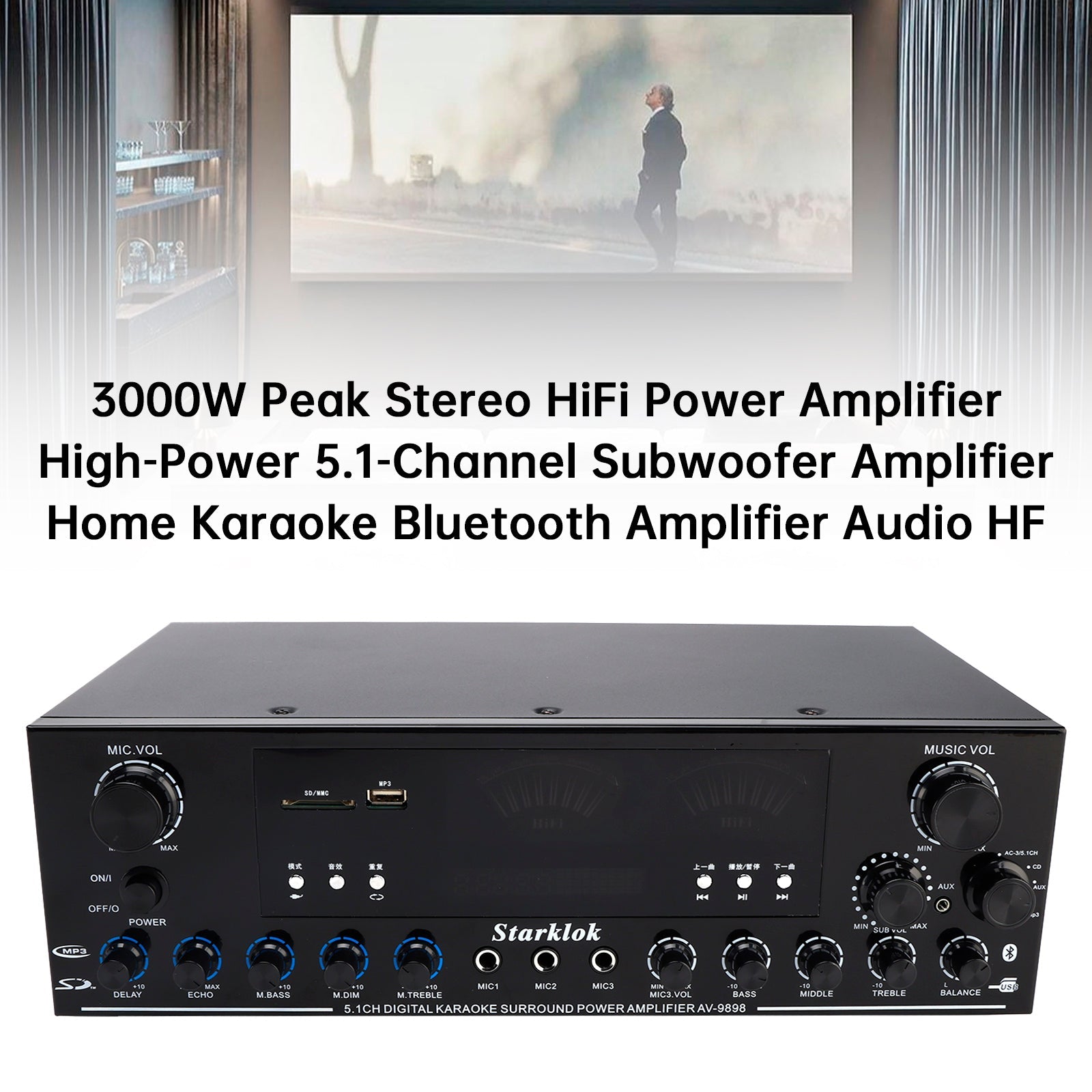 5.1 Channel Bluetooth Power Amplifier, 3000W HiFi Stereo Audio Amp with Subwoofer Output