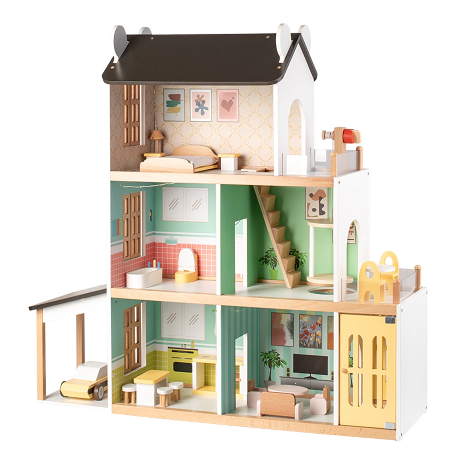 3Story Wooden Lighting Doll House With Balcony 20 Accessories Toy For 3+Year Kid