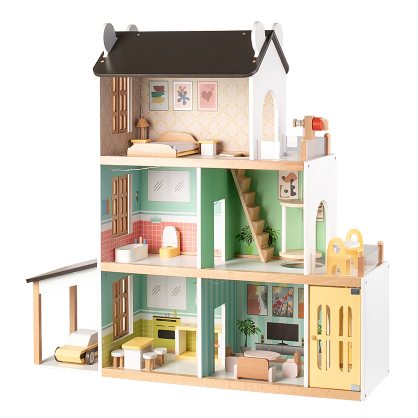 3Story Wooden Lighting Doll House With Balcony 20 Accessories Toy For 3+Year Kid