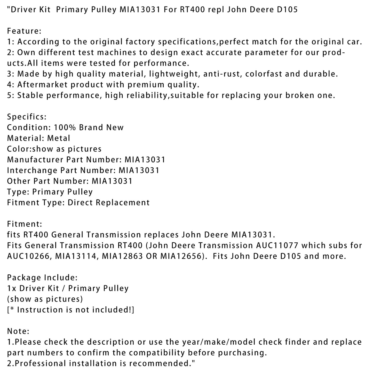 MIA13031 Primary Pulley Compatible with John Deere D105
