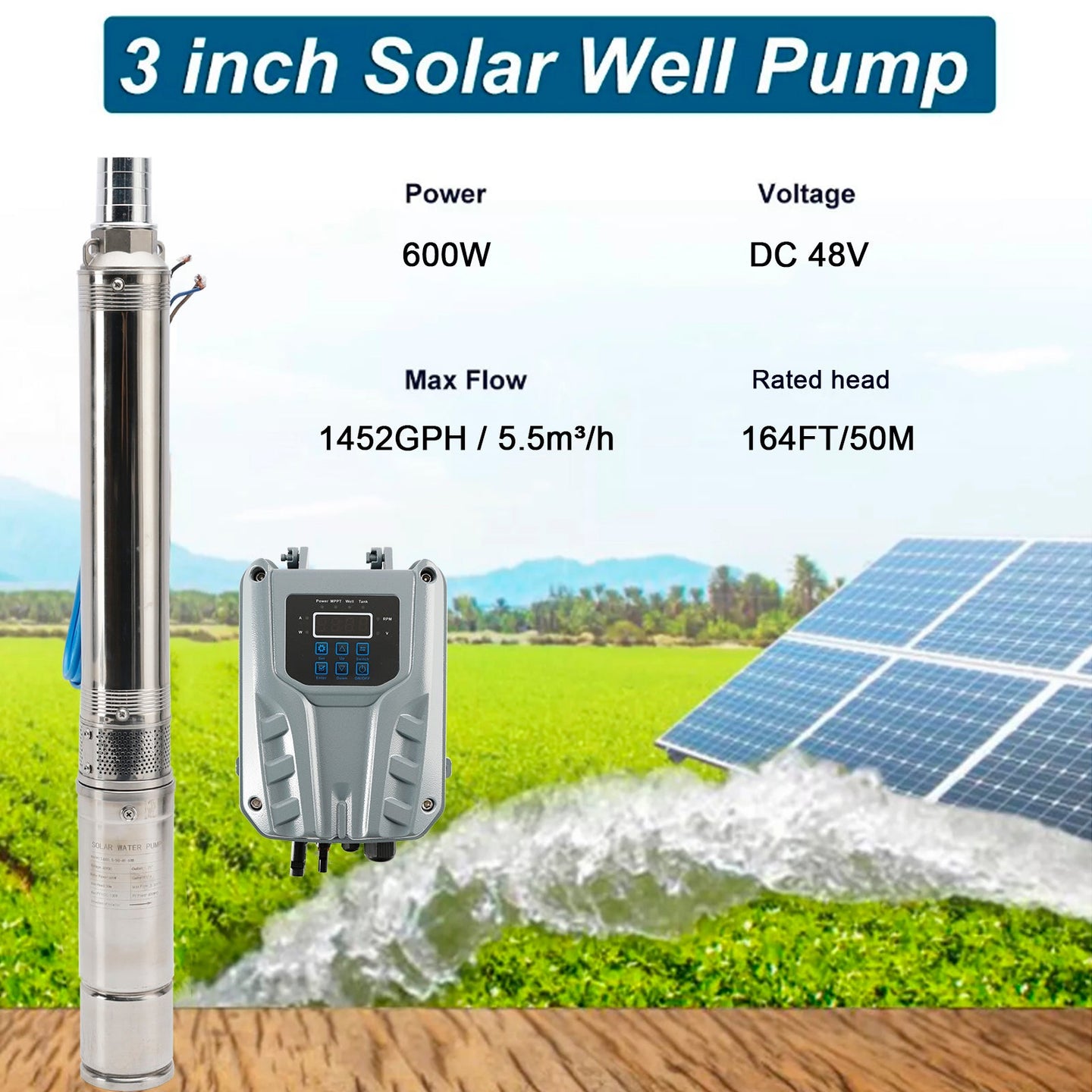 Solar Submersible Water Pump 3inch 600W 48V DC with MPPT Controller â€?Deep Well Irrigation System