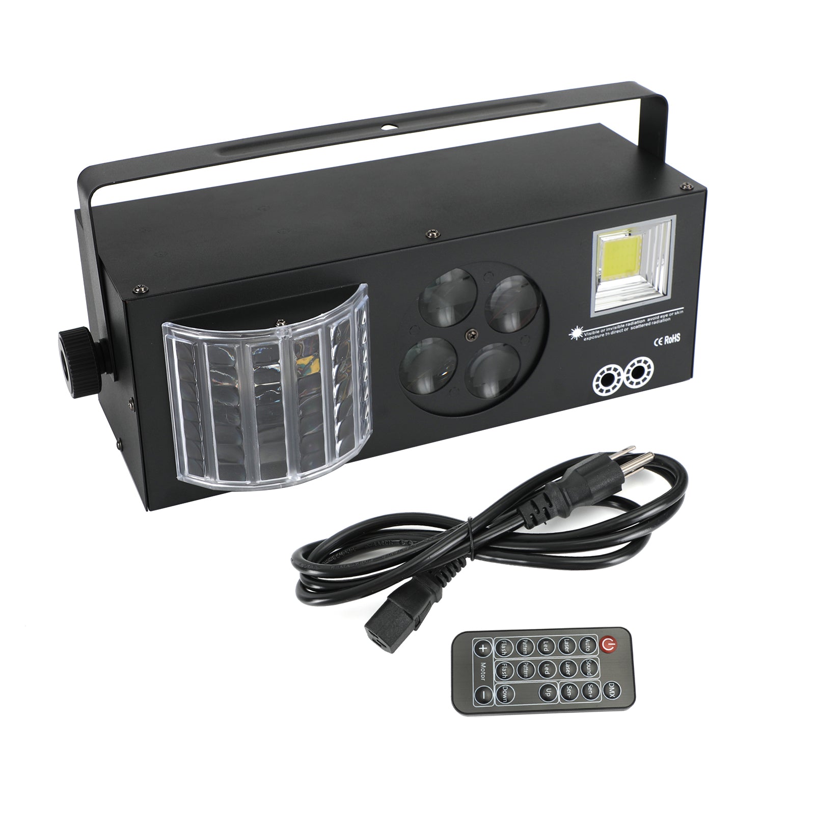 4-in-1 LED DJ Party Light with RGBW Pattern, Laser & Strobe Effects, DMX & Remote Controlled Stage Lighting