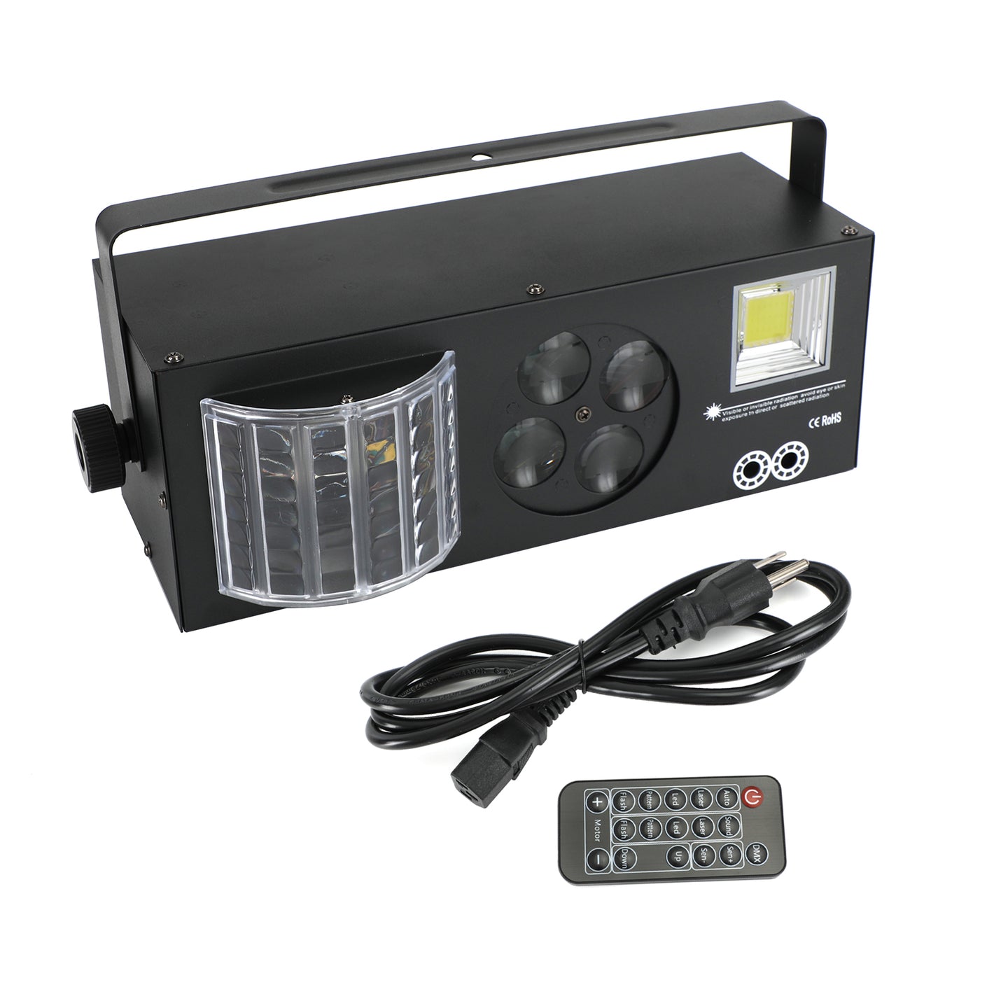 4-in-1 LED DJ Party Light with RGBW Pattern, Laser & Strobe Effects, DMX & Remote Controlled Stage Lighting