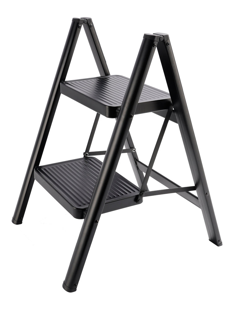 2-Step Ultra-Slim Folding Step Stool, 2" Thick Carbon Steel with Wide Anti-Slip Pedals, 330 lbs Capacity (Black)