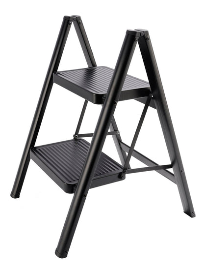 2-Step Ultra-Slim Folding Step Stool, 2" Thick Carbon Steel with Wide Anti-Slip Pedals, 330 lbs Capacity (Black)