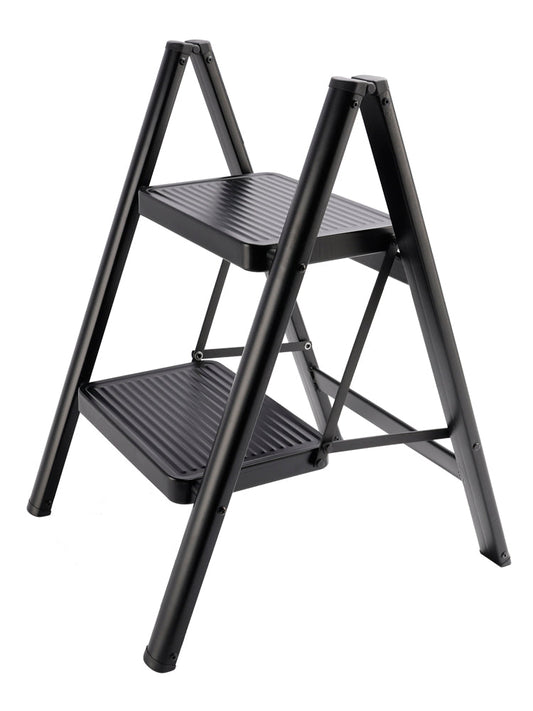 2-Step Ultra-Slim Folding Step Stool, 2" Thick Carbon Steel with Wide Anti-Slip Pedals, 330 lbs Capacity (Black)