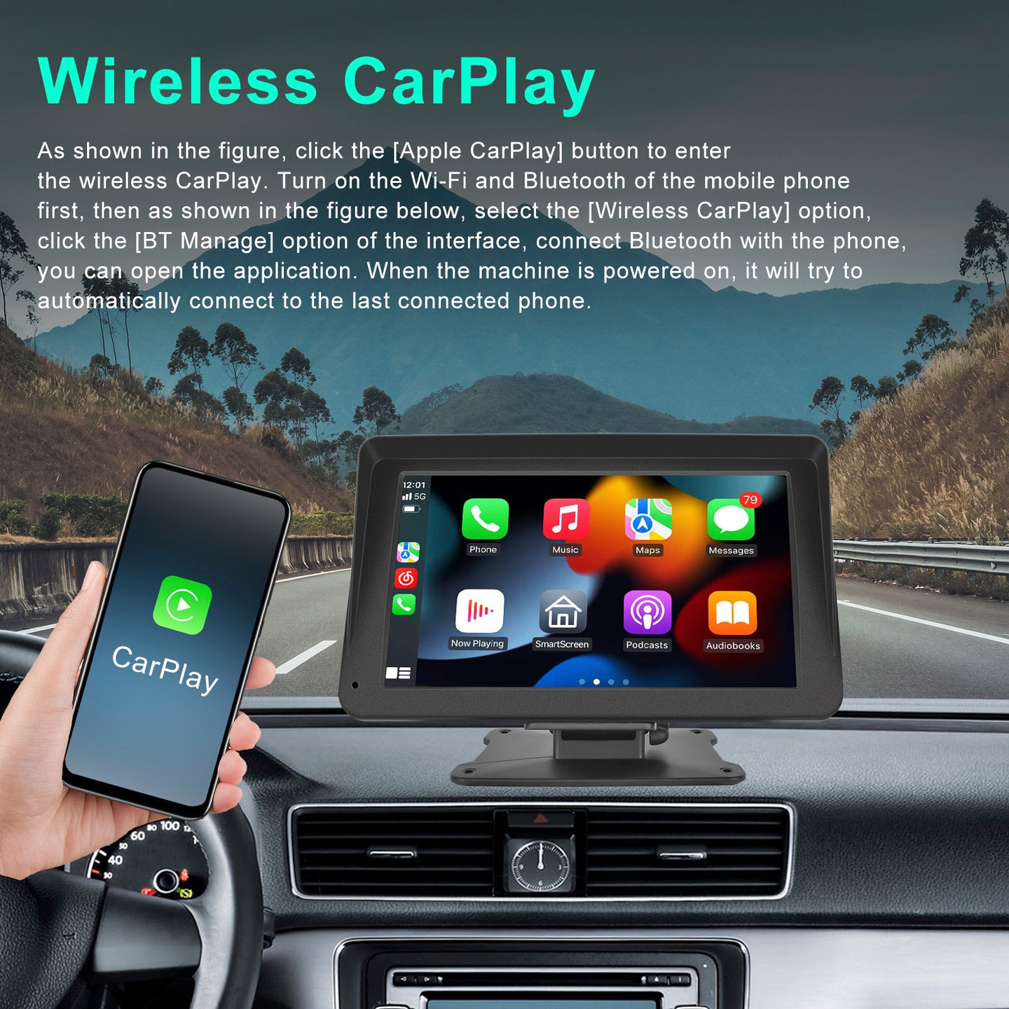 7-inch Car Display Screen Apple CarPlay Android Auto Apple AirPlay 12 LED Camera