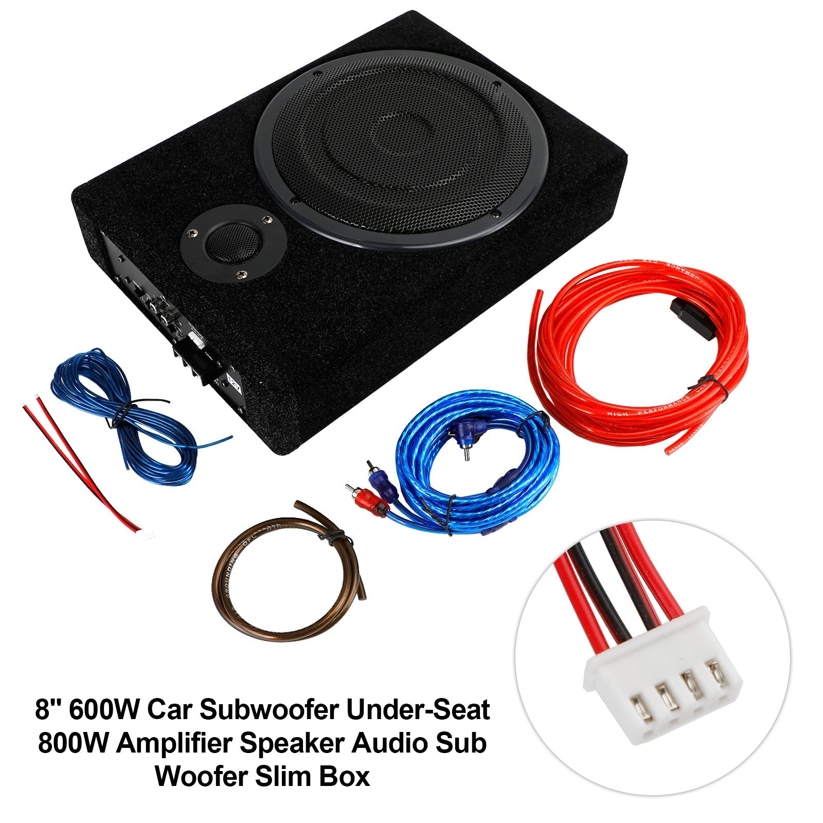 8" 600W Under-Seat Car Subwoofer with Built-in Amplifier – Slim Powered Sub Woofer Bass Speaker Box, Universal 12V Car Audio (US)