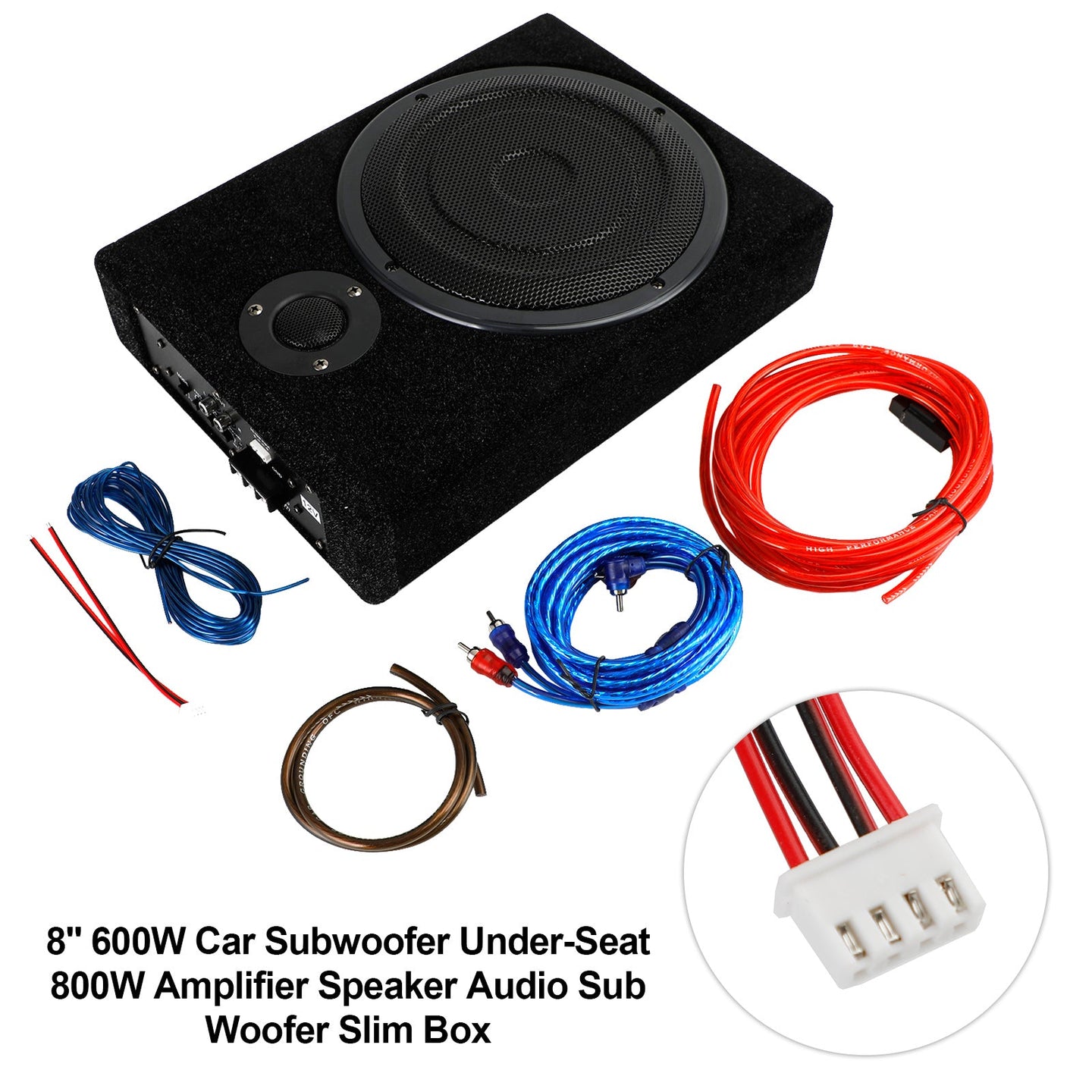 8" 600W Under-Seat Car Subwoofer with Built-in Amplifier – Slim Powered Sub Woofer Bass Speaker Box, Universal 12V Car Audio (US)
