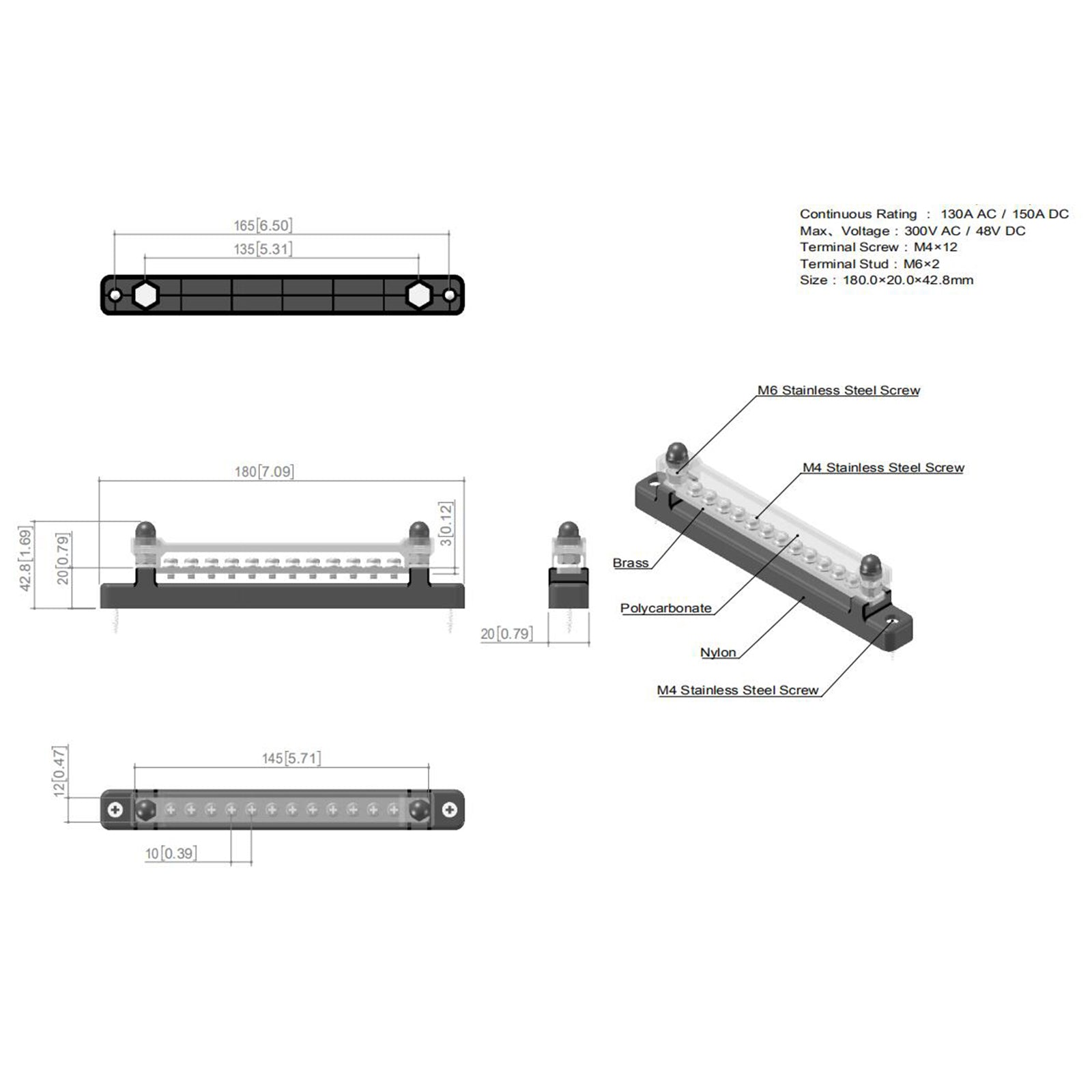 150A 12 Terminal Bus Bar Kit with Cover, Power & Ground Distribution Block for Automotive, Marine, RV & Solar