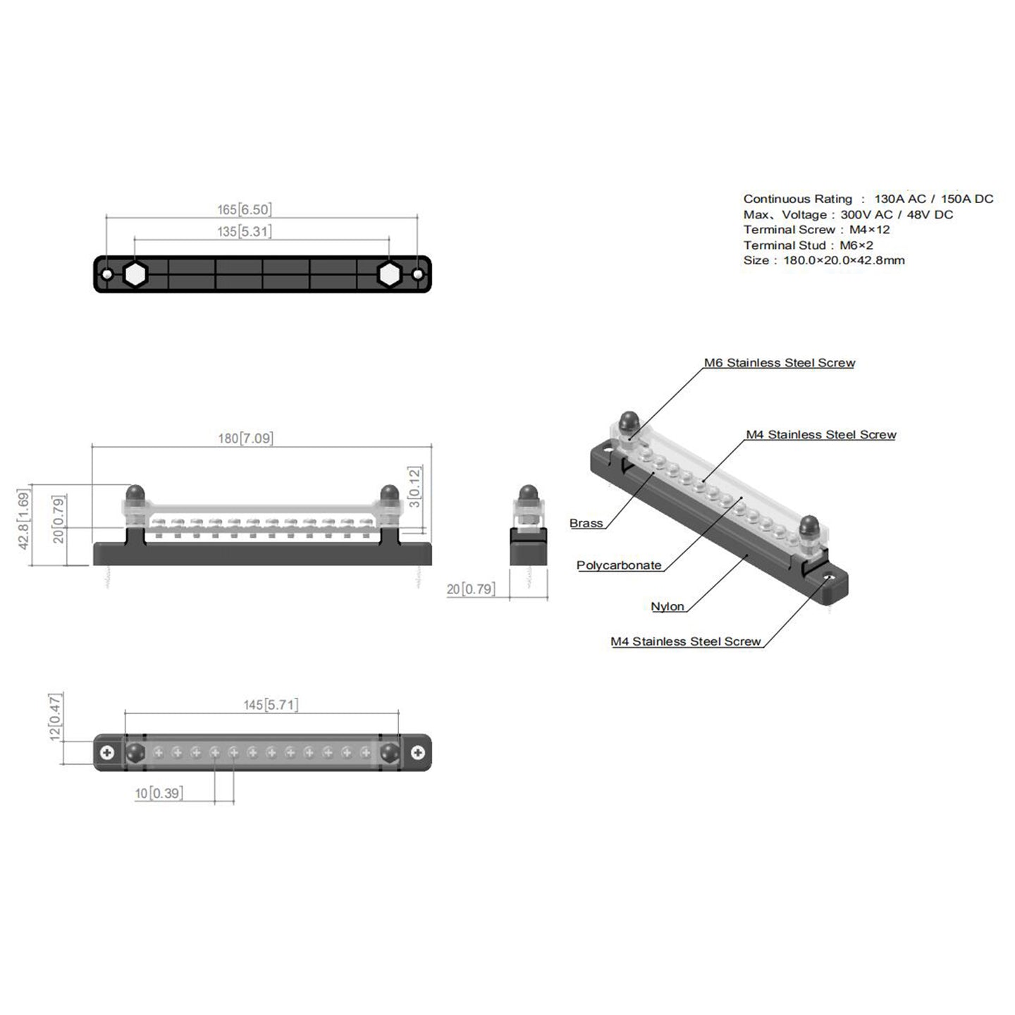 150A 12 Terminal Bus Bar Kit with Cover, Power & Ground Distribution Block for Automotive, Marine, RV & Solar