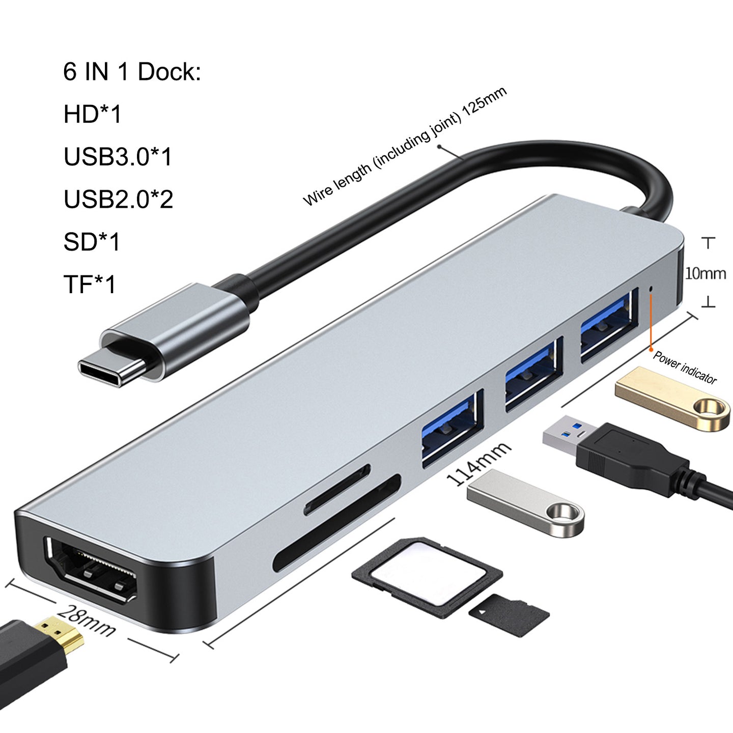 6 in 1 USB-C Type C HD Output 4K USB 3.0 HD Adapter HUB Multi-function Dock