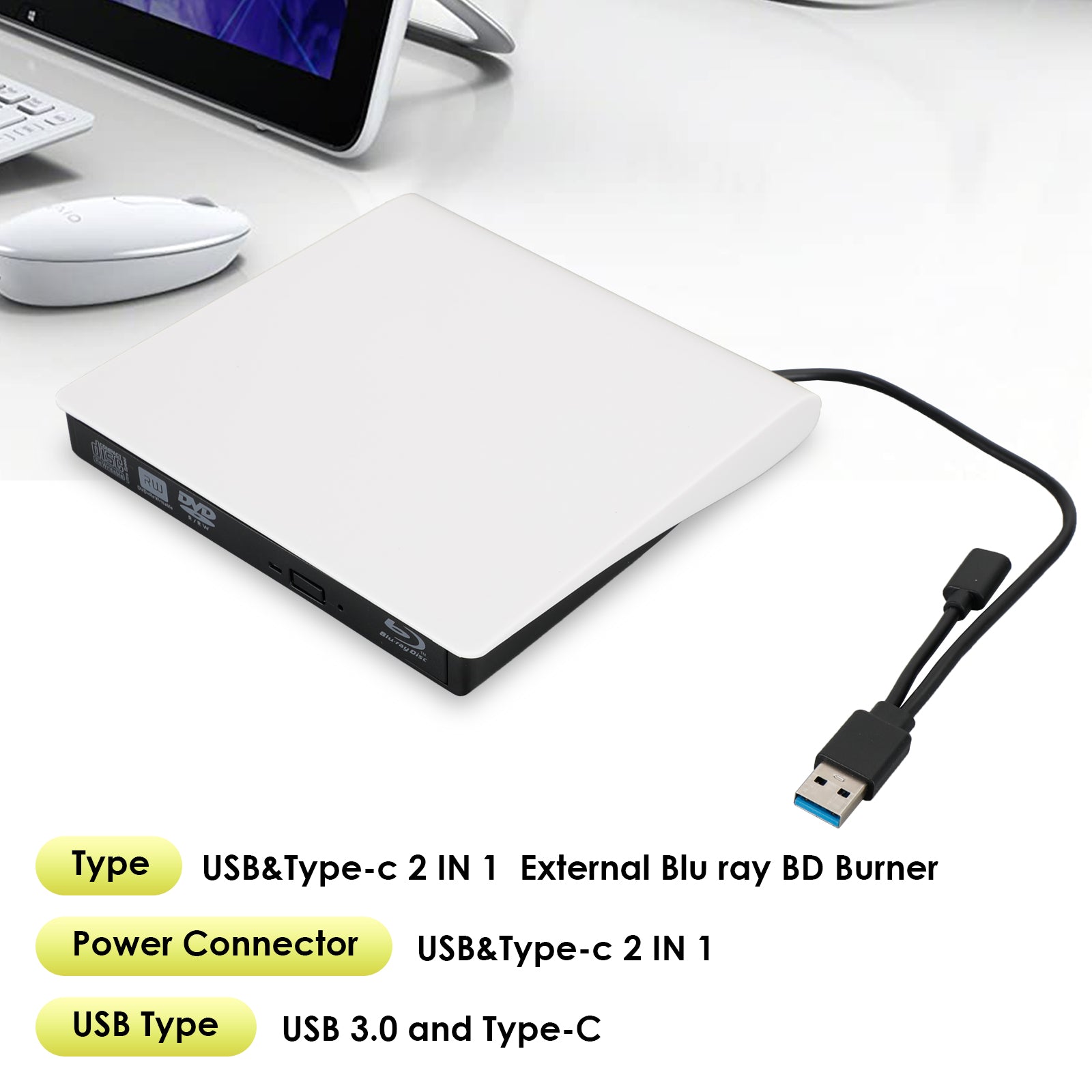 2 IN 1 USB&Type-c External Disc Writer + Reader Burner for Windows Mac