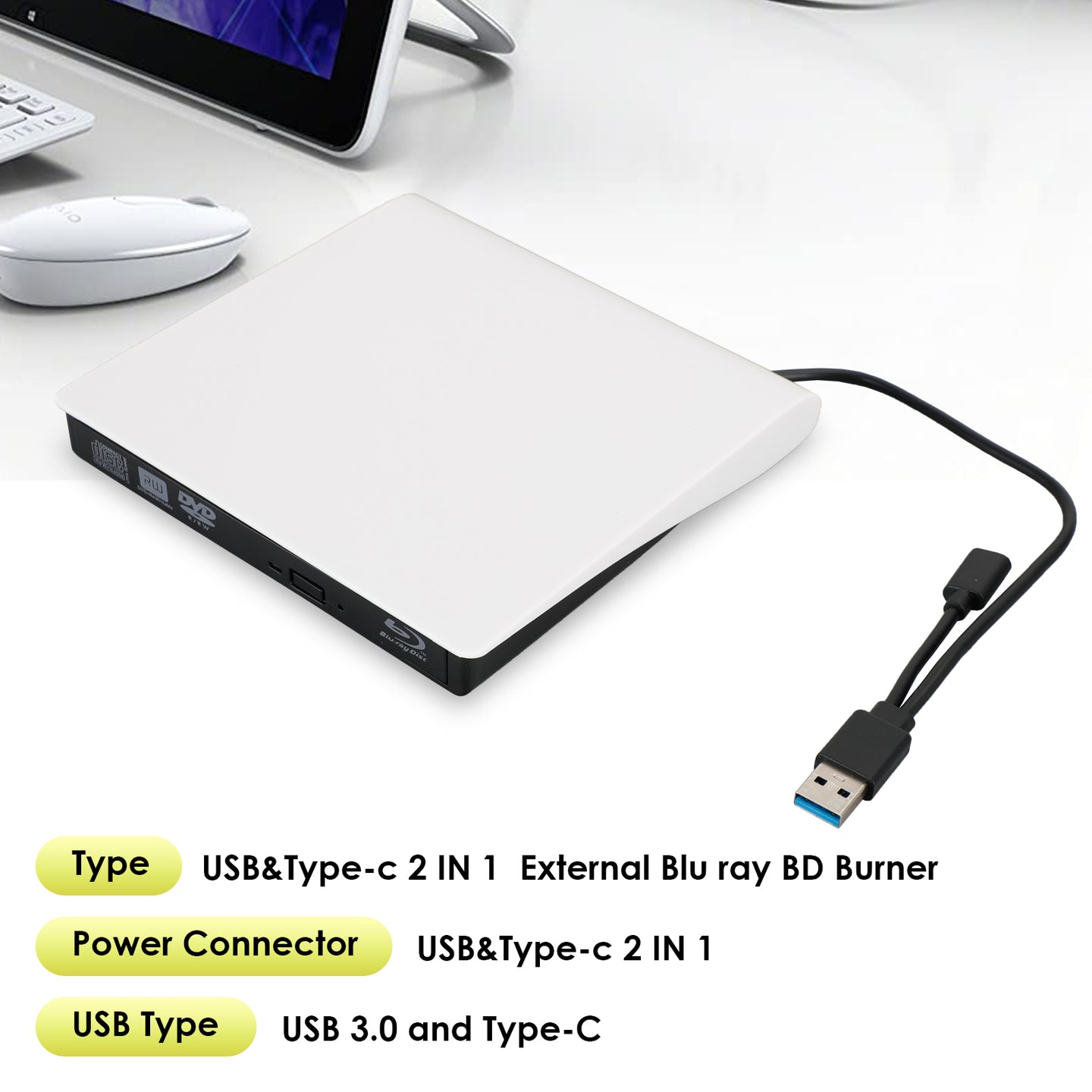2 IN 1 USB&Type-c External Disc Writer + Reader Burner for Windows Mac