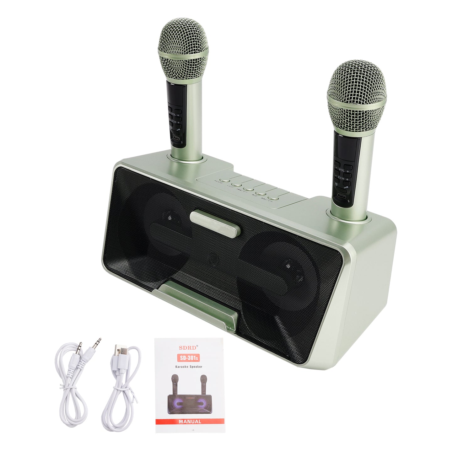 Portable Karaoke Machine with 2 Wireless Microphones, 20W Bluetooth Speaker System for Kids & Adults, Home Party (Green)