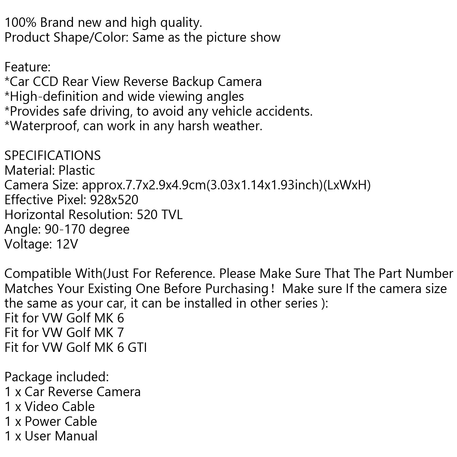 Waterproof IP67 Reversing Backup Rear View Parking Camera HD CCD For Golf MK 6 MK7