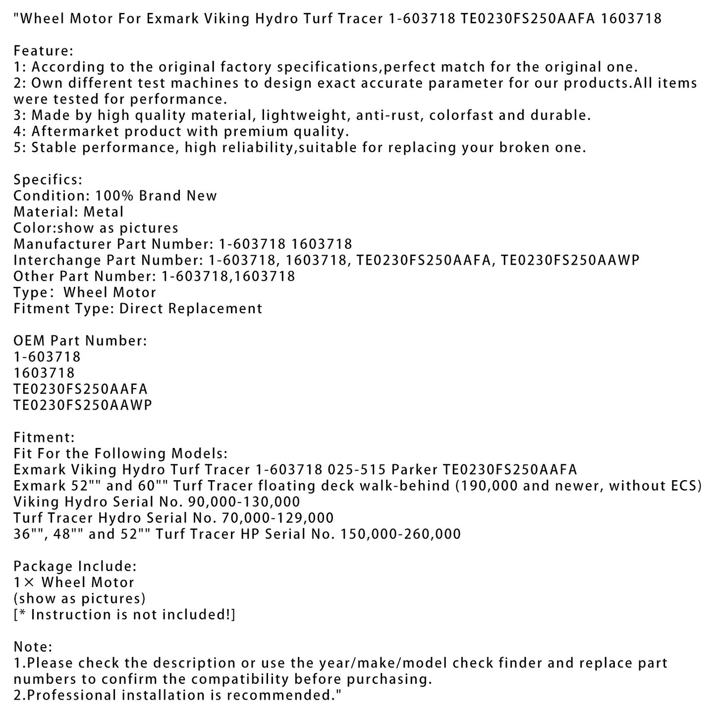 Replacement Wheel Motor for Exmark Turf Tracer 1-603718 TE0230FS250AAFA