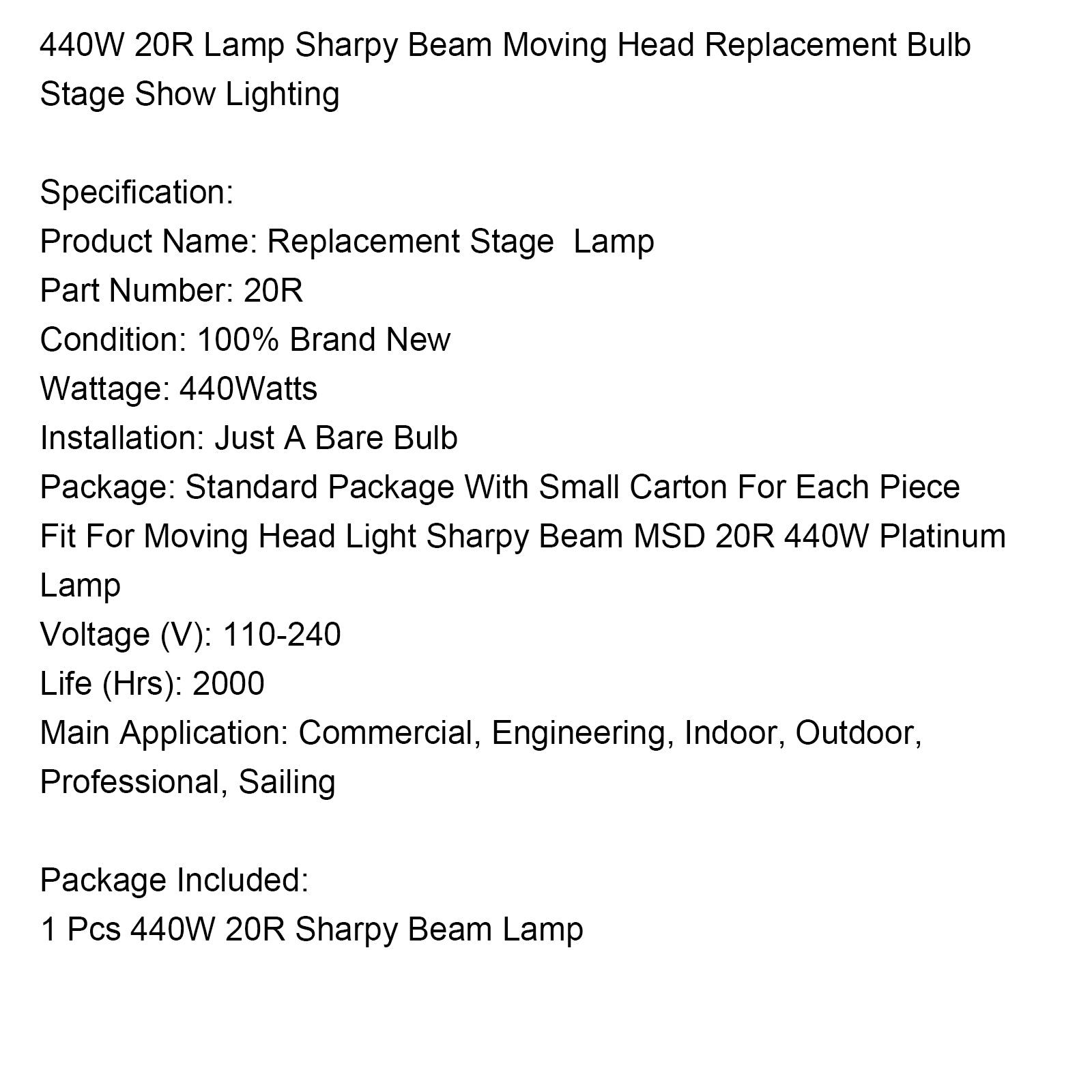 440W 20R Lamp Sharpy Beam Moving Head Replacement Bulb Stage Show Lighting