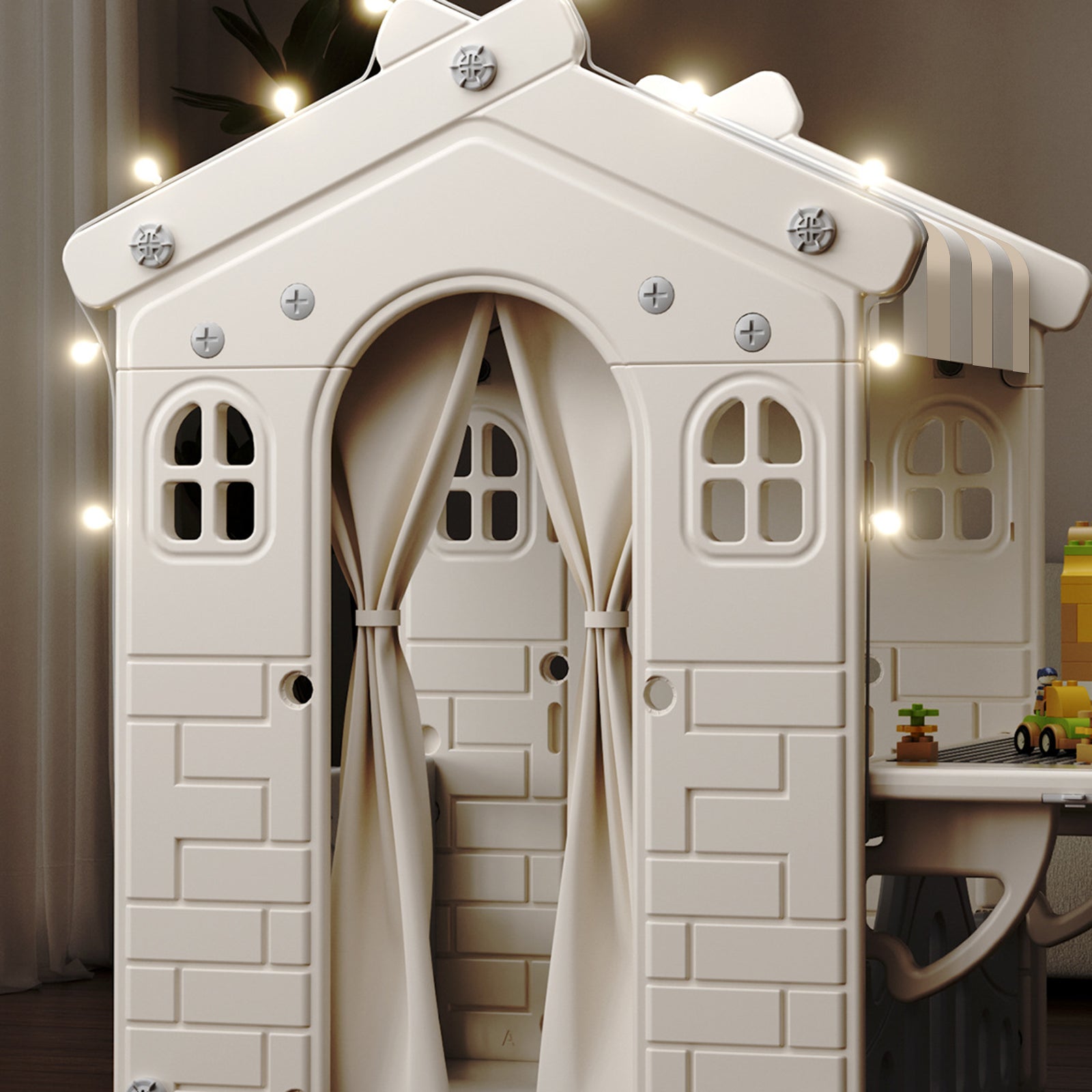 Kids Playhouse with Lights & Building Blocks, Foldable Plastic Outdoor Play Tent for Toddlers & Backyard Fun