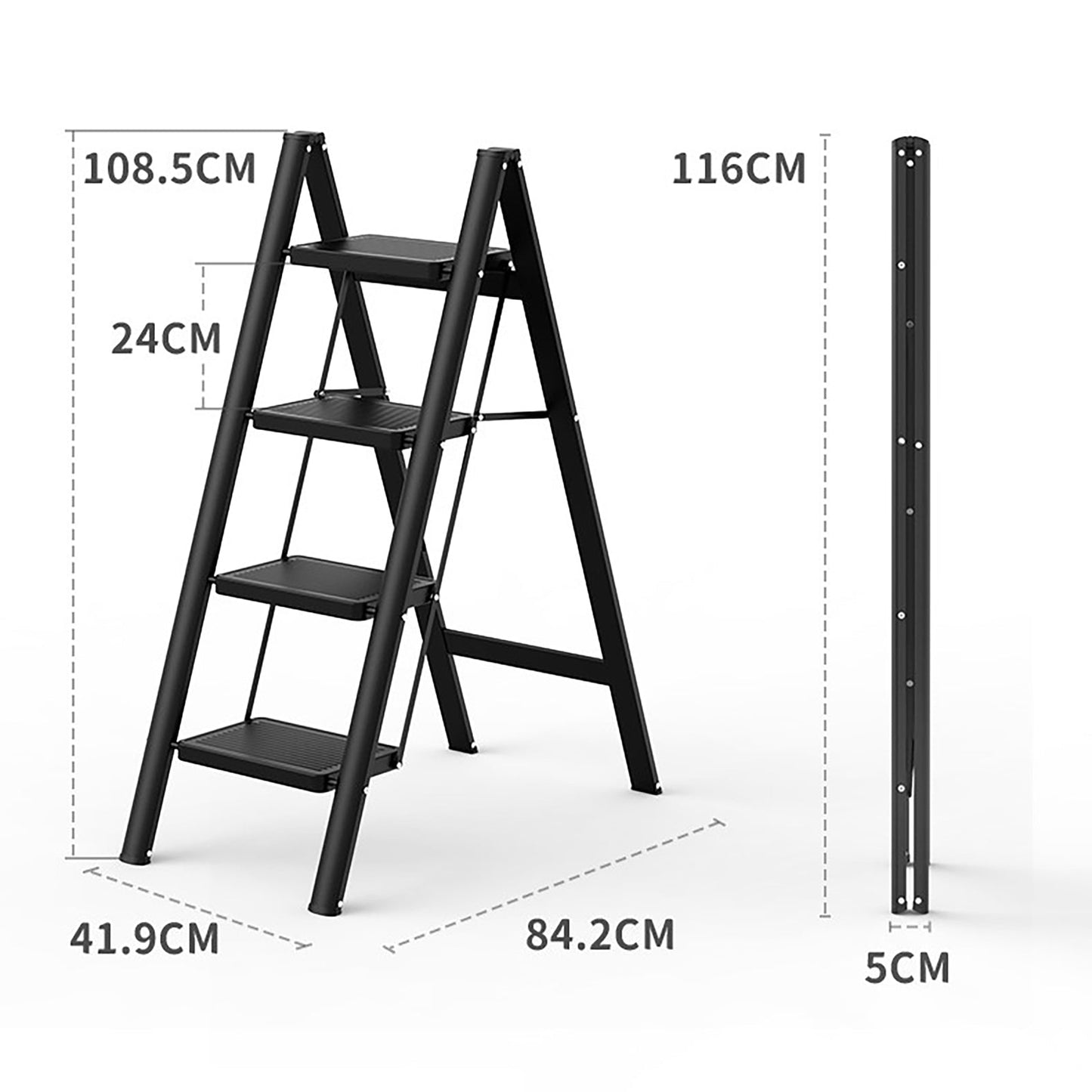 4-Step Ultra-Slim Folding Ladder, 2" Thick Carbon Steel Step Stool with Wide Anti-Slip Pedals, 330 lbs Capacity (Black)