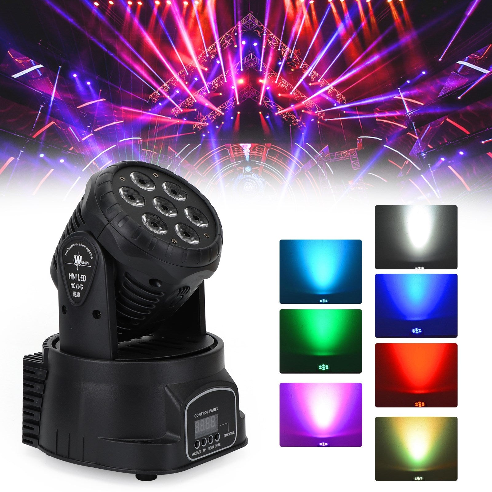 7x10W RGBW 4-in-1 Mini LED Moving Head Wash Light, DMX Controlled DJ Stage Lighting for Party & Events