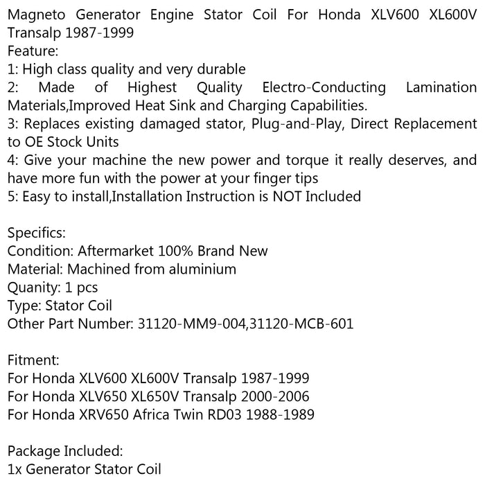 1987-1999 Honda XLV600 XL600V Transalp XL650V Generator Stator Coil