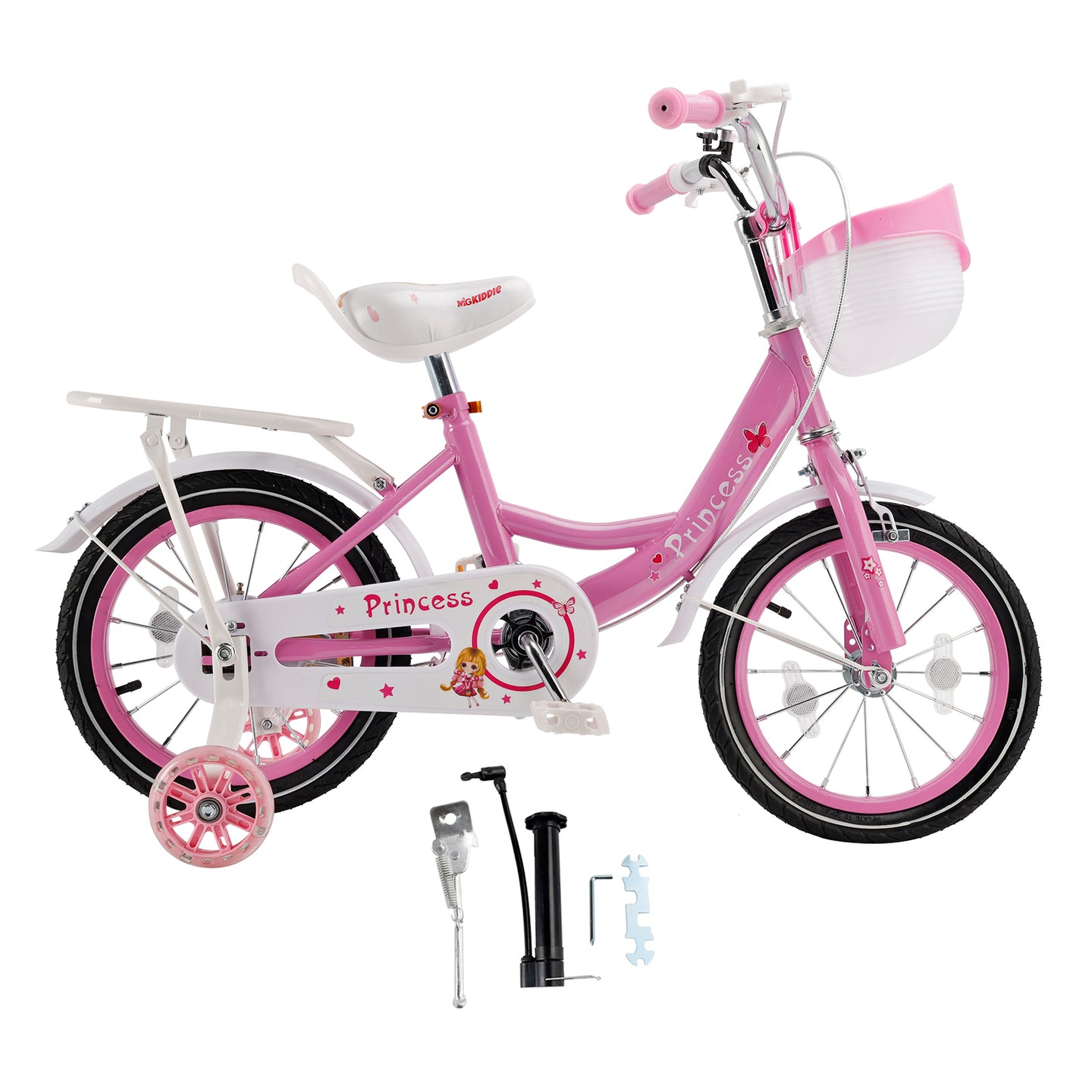 18" Children Princess Bicycle Girls Bike with Training Wheels Basket Pink