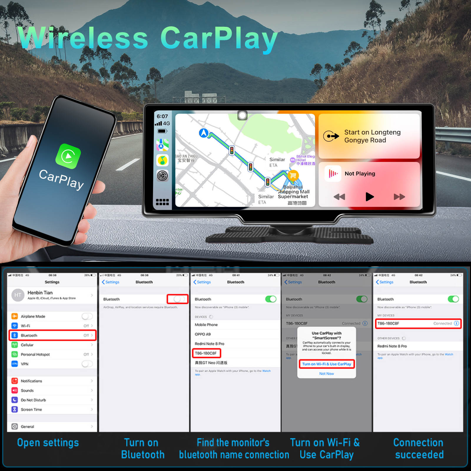 10.26inch Portable Bluetooth Car Navigation Carplay Wireless Car Radio + AHD Camera