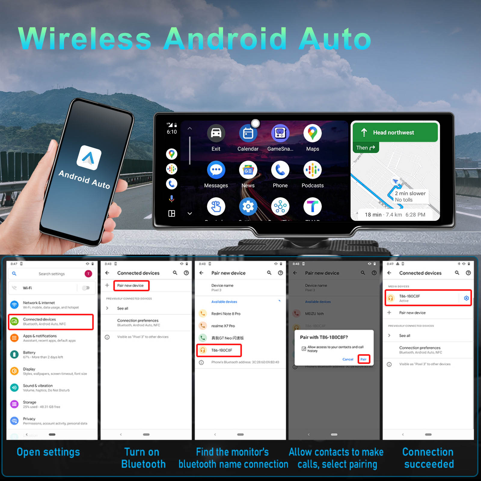 10.26inch Portable Bluetooth Car Navigation Carplay Wireless Car Radio + AHD Camera