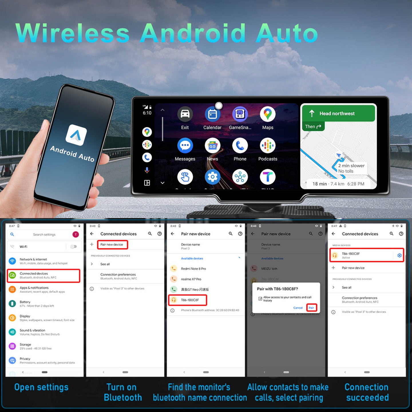10.26inch Portable Bluetooth Car Navigation Carplay Wireless Car Radio + AHD Camera