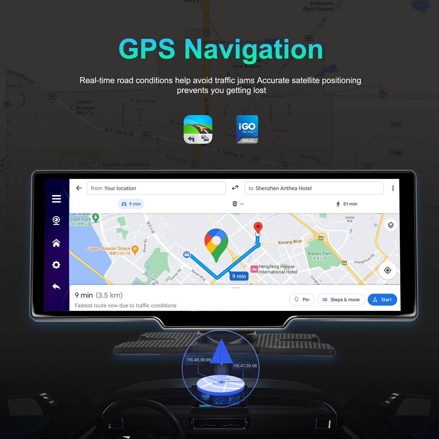 10.26inch Portable Bluetooth Car Navigation Carplay Wireless Car Radio + AHD Camera