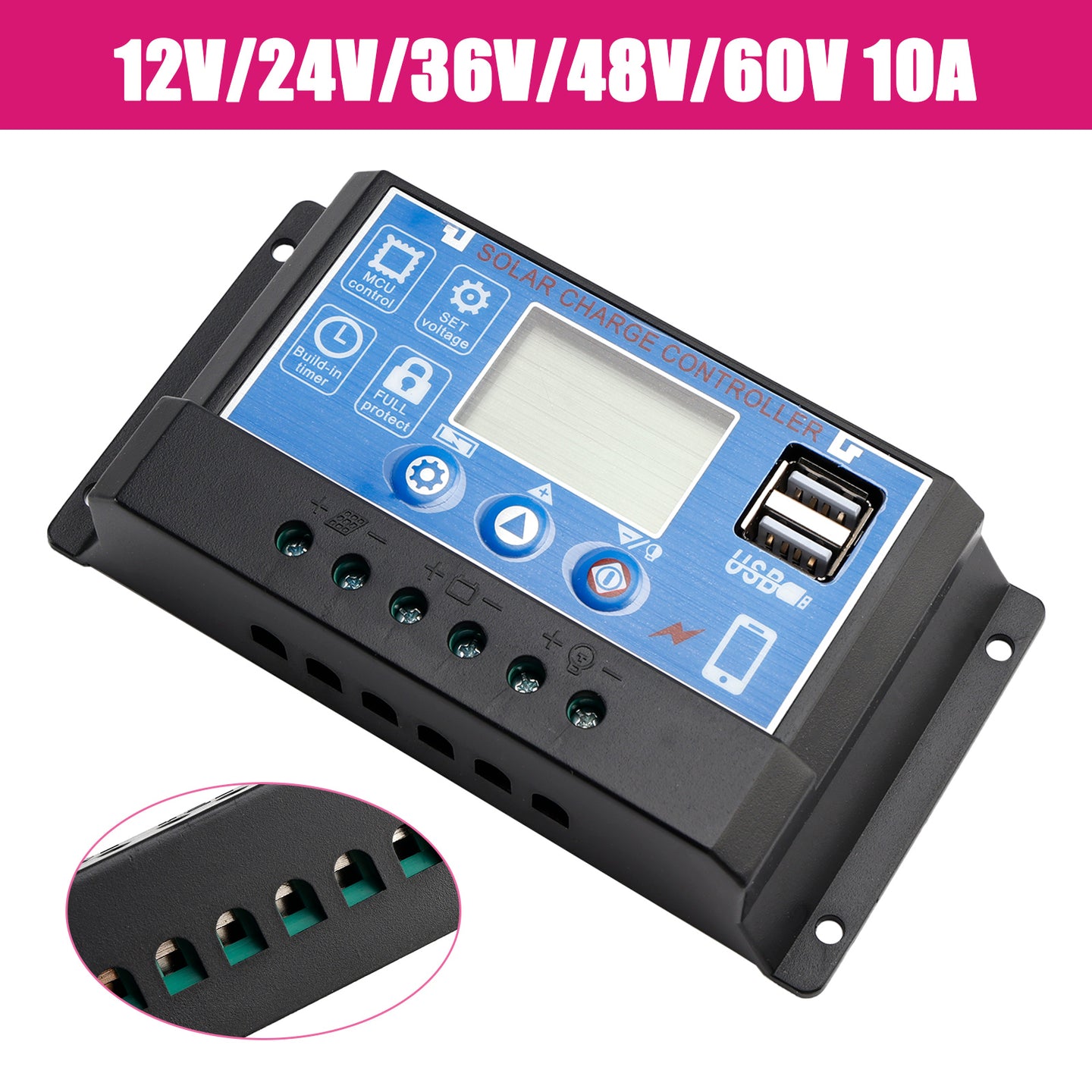 10A PWM Solar Controller Mobile APP Intelligent Control 12V-60V Solar Controller