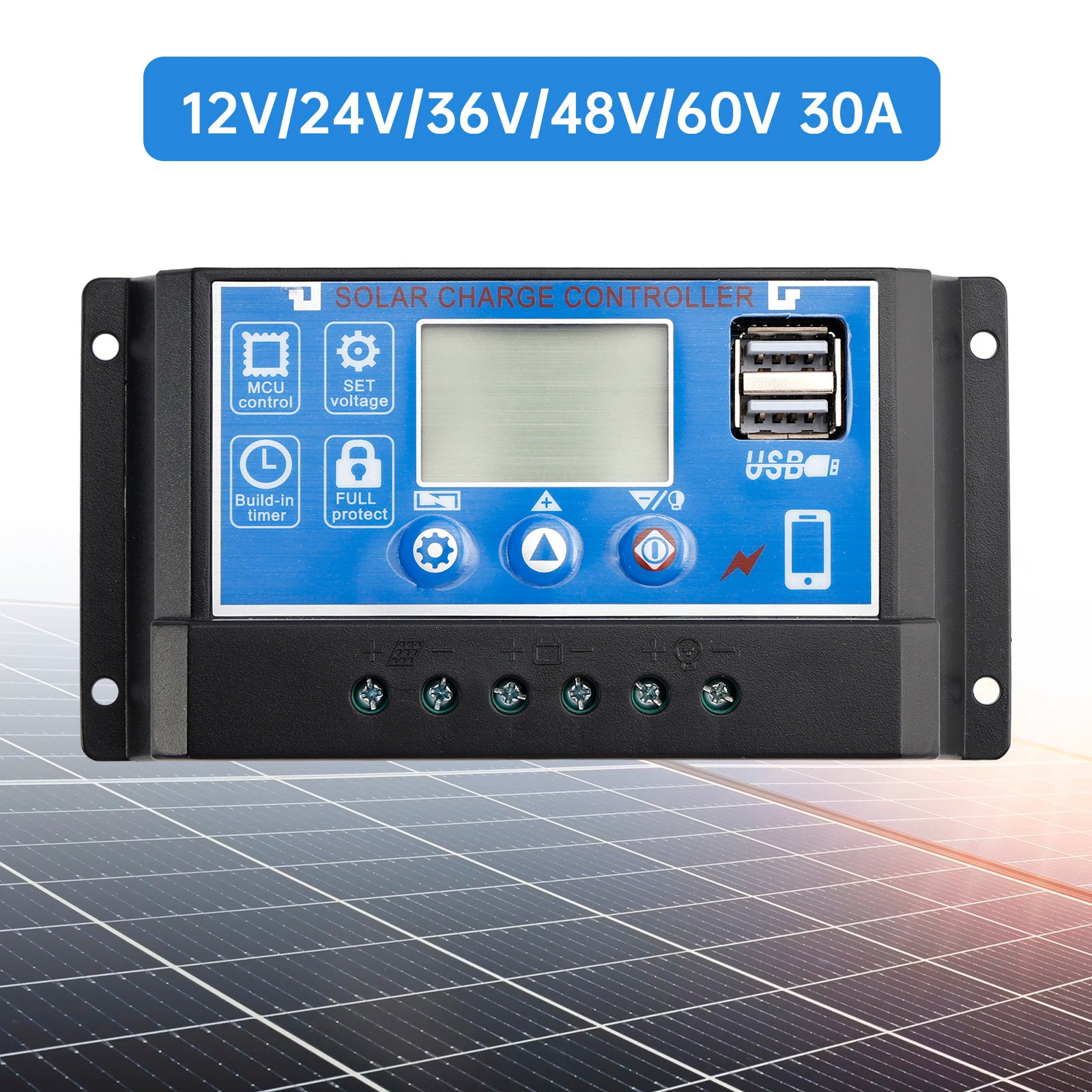 30A PWM Solar Controller Mobile APP Intelligent Control 12V-60V Solar Controller