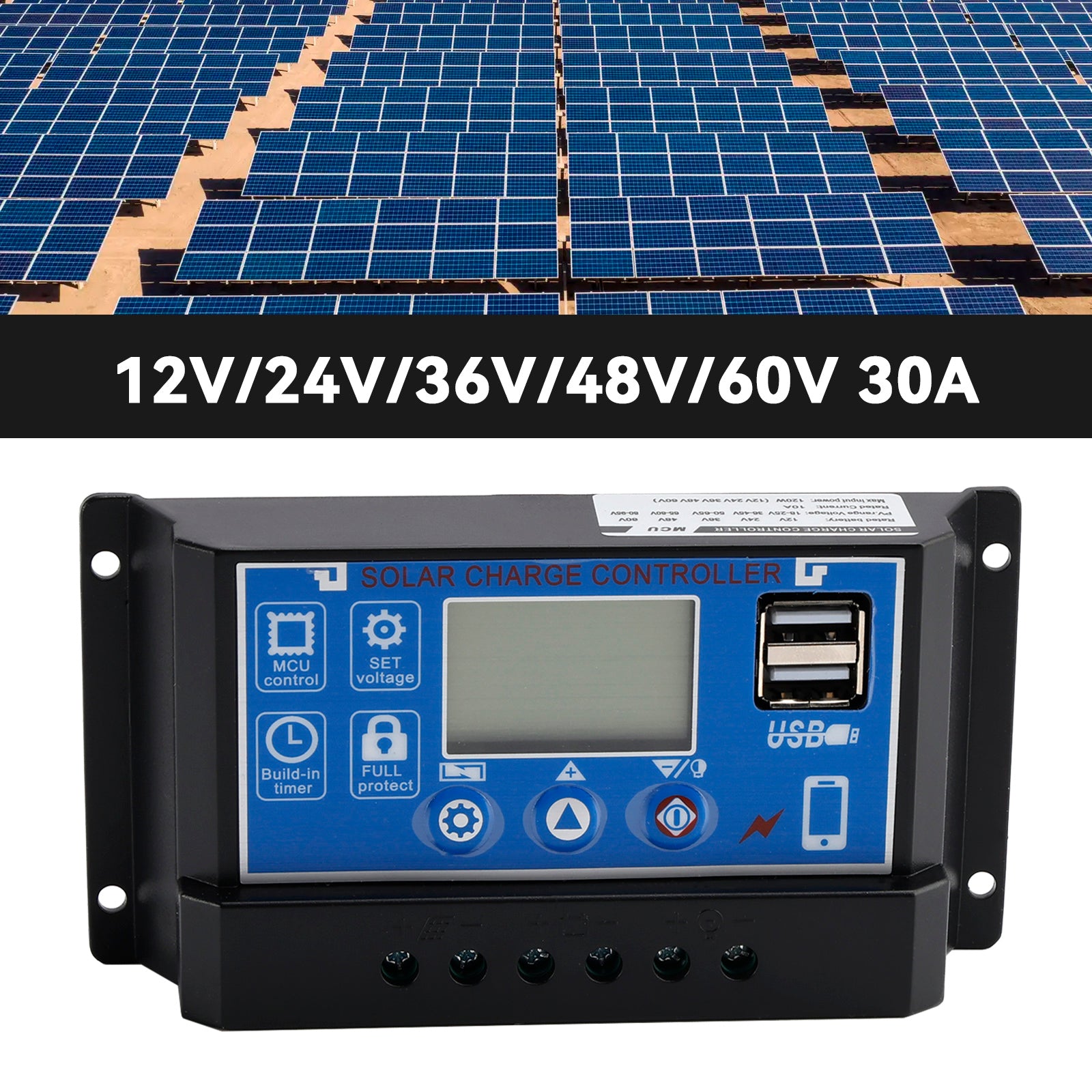 30A PWM Solar Controller Mobile APP Intelligent Control 12V-60V Solar Controller