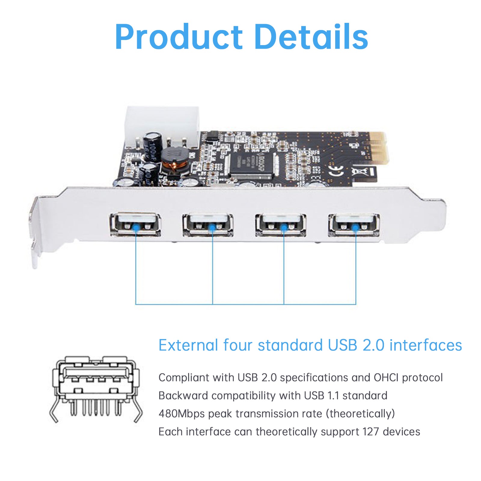 HUB 2.0 PCIE to USB 2.0 Expansion Card Moschip Adapter Card 4PIN Power Supply (Copy)