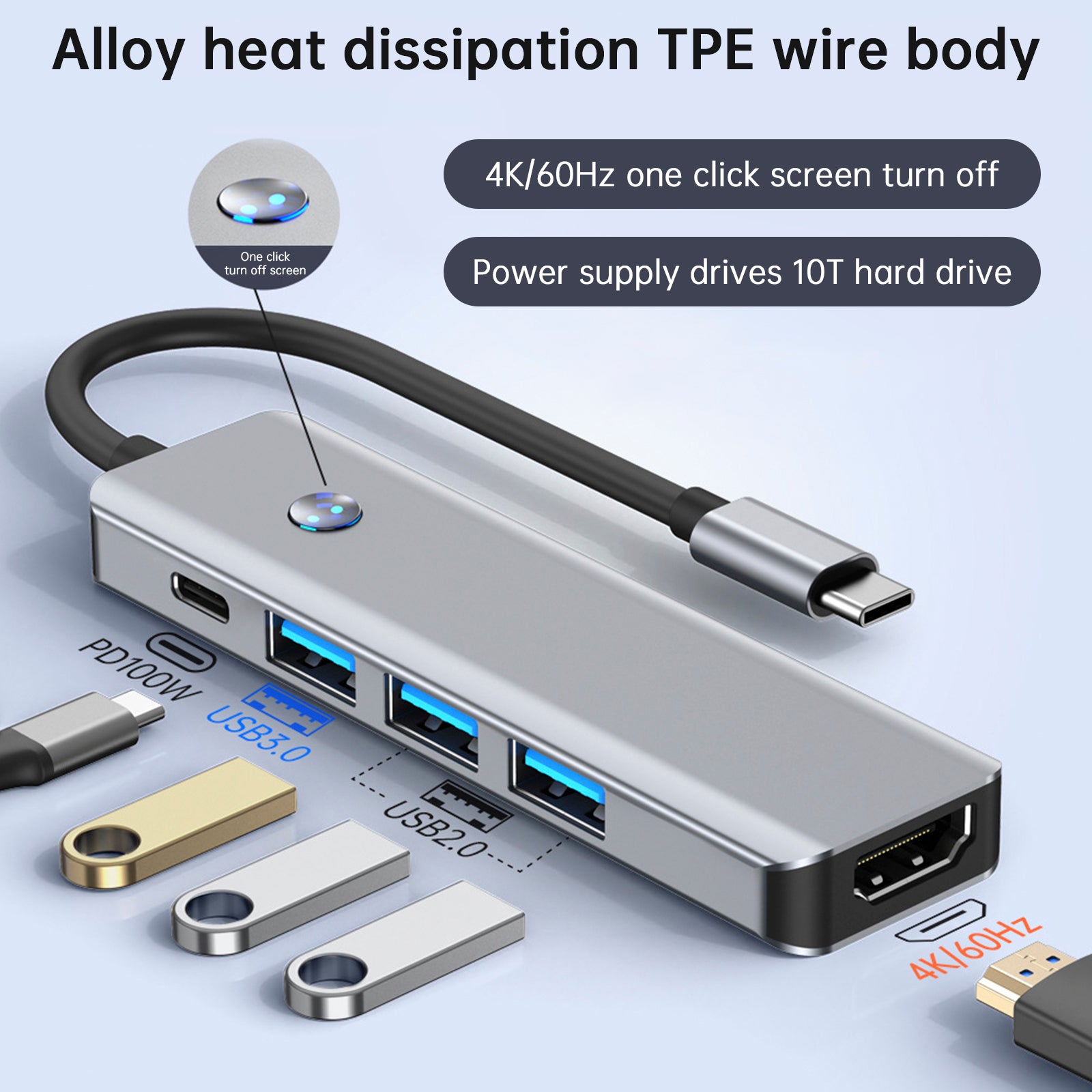 5 in 1 TYPE-C+USB3.0*1+USB2.0*2+HDMI+PD100W Interface Hub Adapter Dock for iPad (Copy)