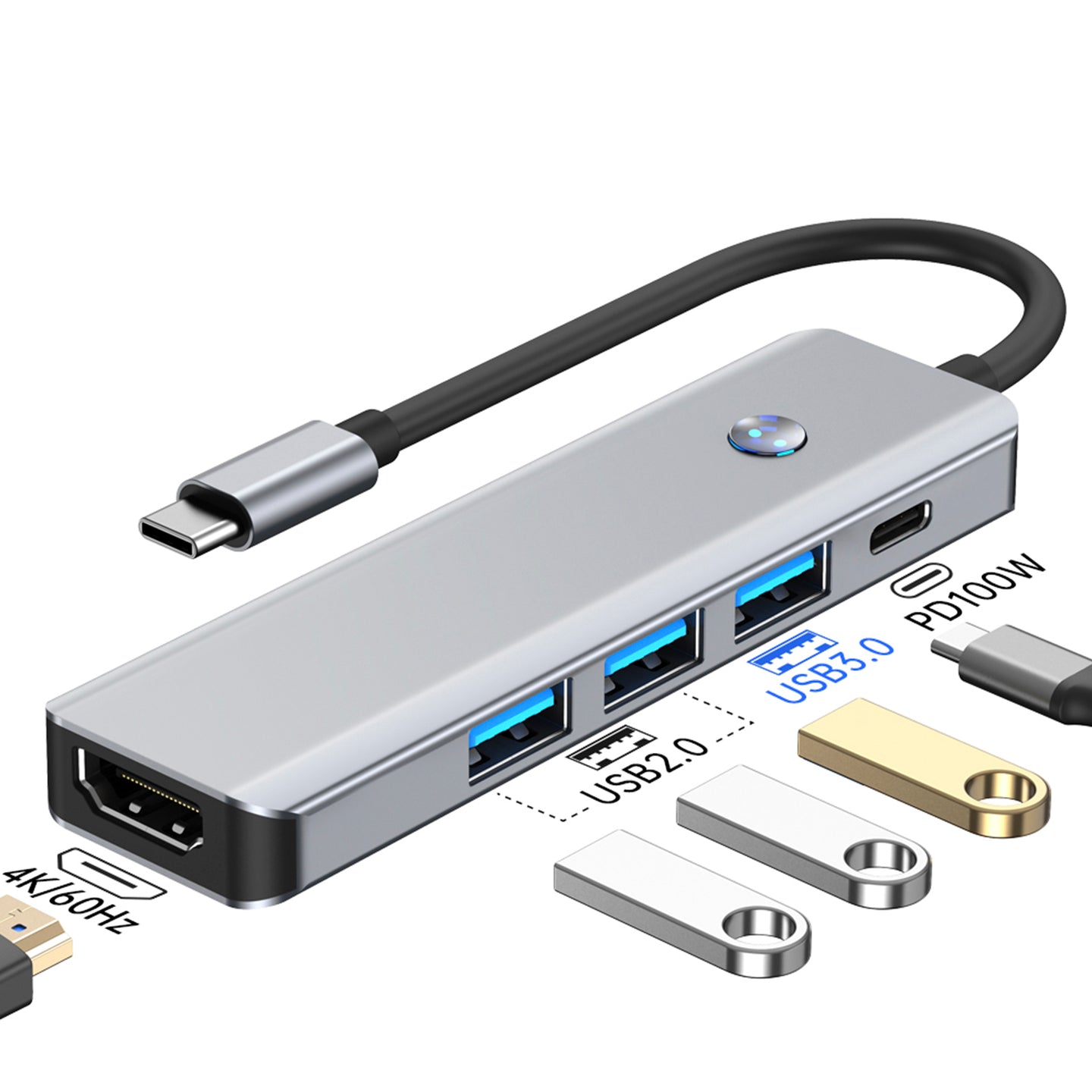 5 in 1 TYPE-C+USB3.0*1+USB2.0*2+HDMI+PD100W Interface Hub Adapter Dock for iPad
