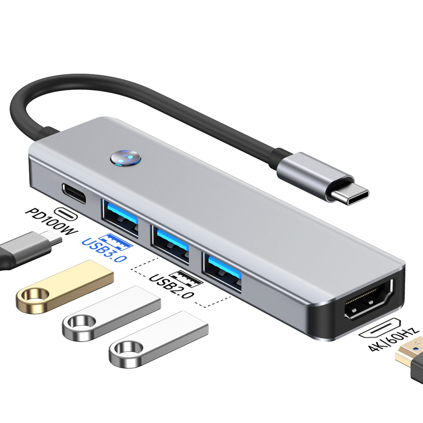 5 in 1 TYPE-C+USB3.0*1+USB2.0*2+HDMI+PD100W Interface Hub Adapter Dock for iPad