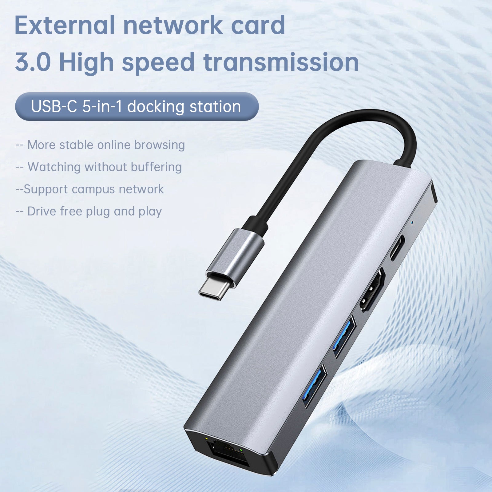5 in 1 TYPE-C to USB3.0*1+USB2.0*1+PD100W/USB-C Data+HDMI+100M Network Card PC (Copy)