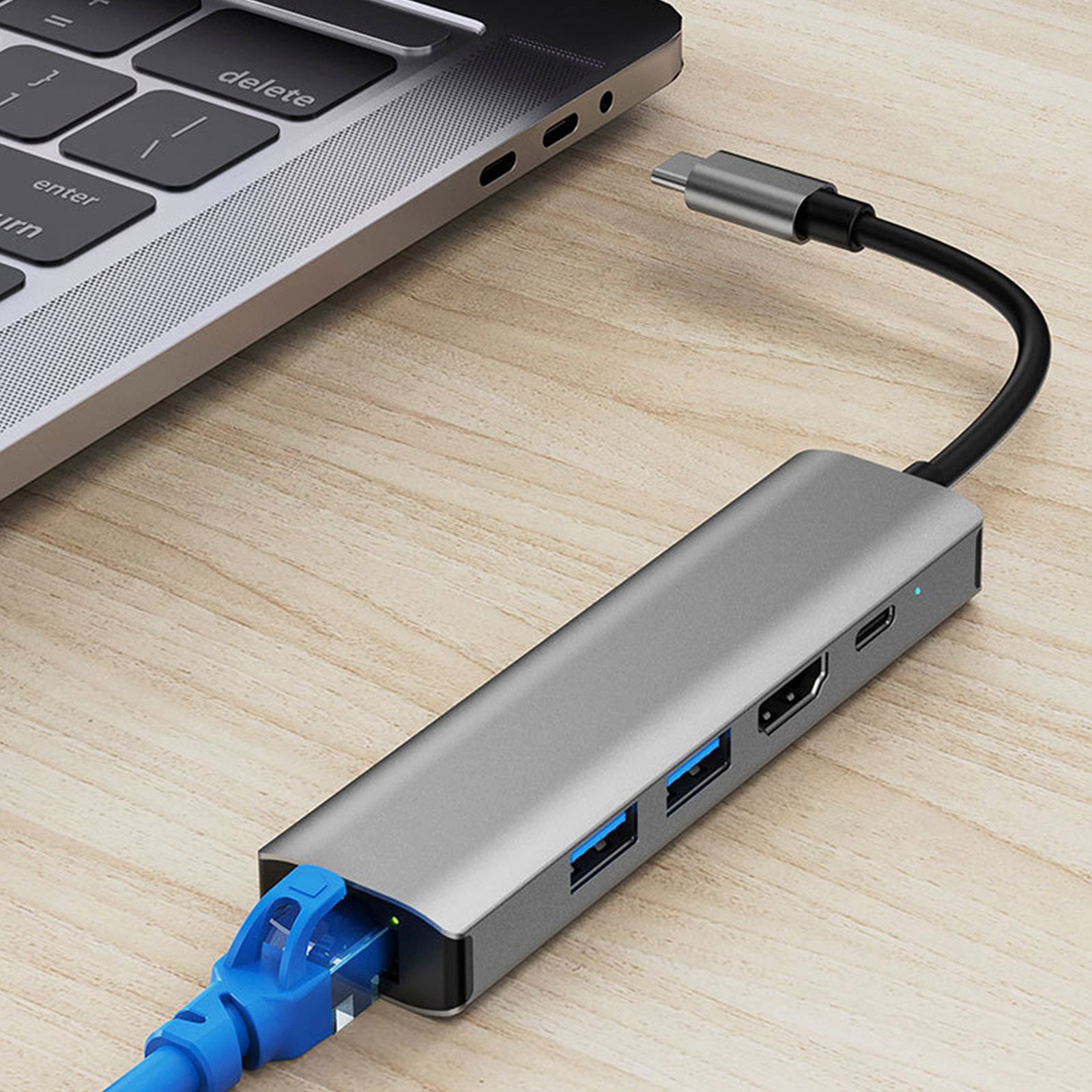 5 in 1 TYPE-C to USB3.0*1+USB2.0*1+PD100W/USB-C Data+HDMI+100M Network Card PC