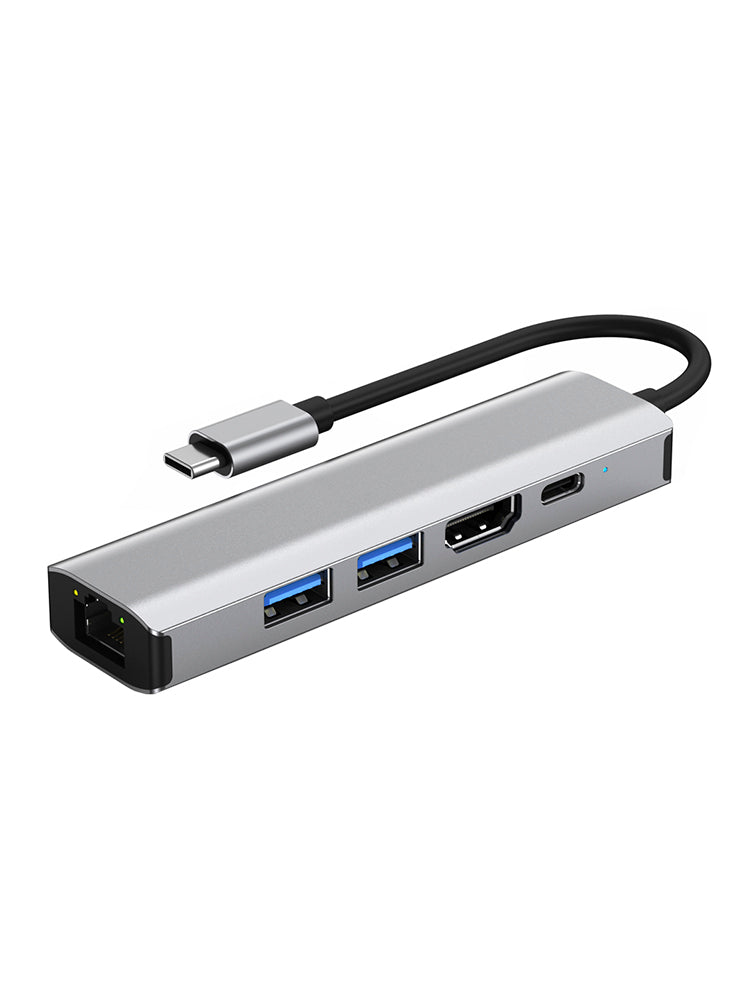 5 in 1 TYPE-C to USB3.0*1+USB2.0*1+PD100W/USB-C Data+HDMI+100M Network Card PC