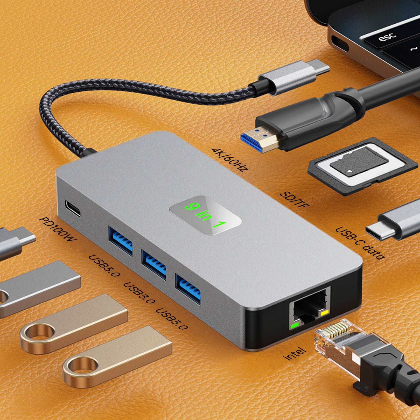 9 in 1 TYPE-C to RJ45 (Gigabit)+USB3.0*3+HDMI+USB-CS Data+PD100W+SD/TF MacBook