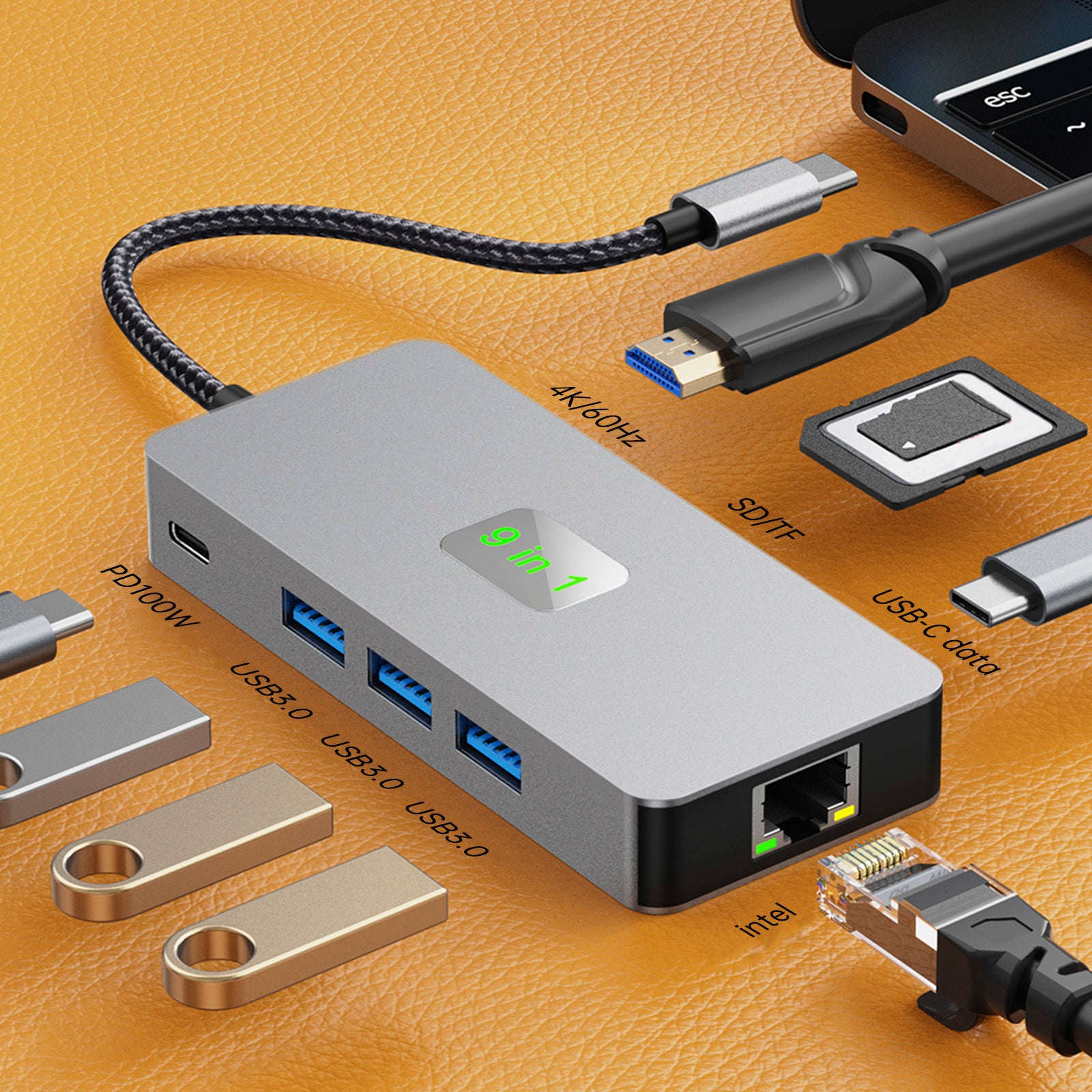 9 in 1 TYPE-C to RJ45 (Gigabit)+USB3.0*3+HDMI+USB-CS Data+PD100W+SD/TF MacBook (Copy)