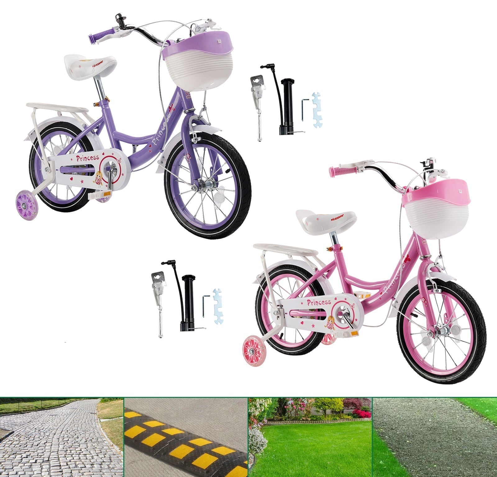 16 inch Kids Bicycle Girls Bike with Training Wheels Basket Kickstand Pink