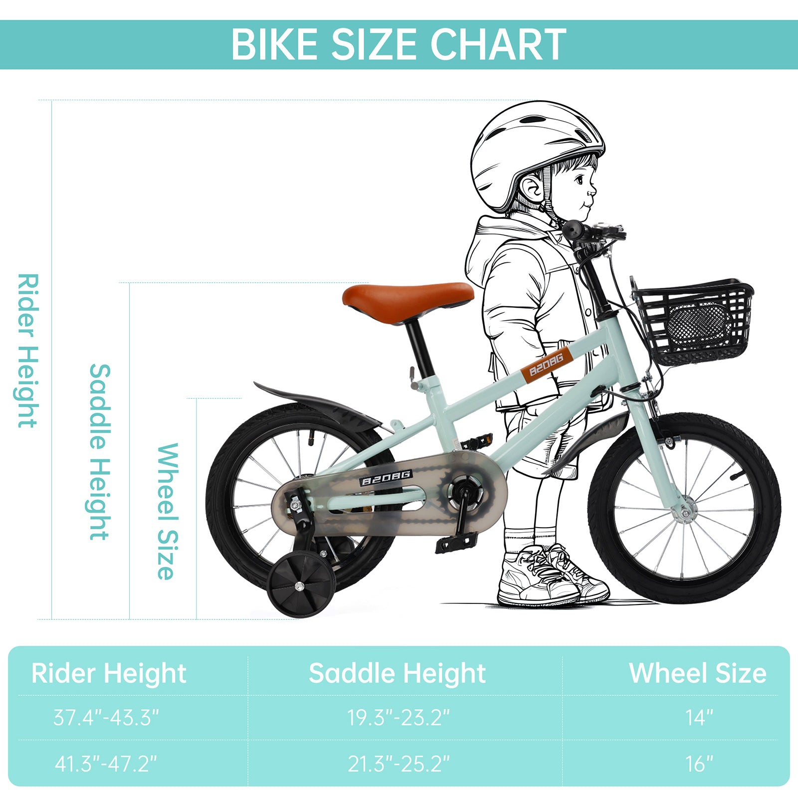14 inch Kids Toddler Bicycle w/ Training Wheels Basket Cyan