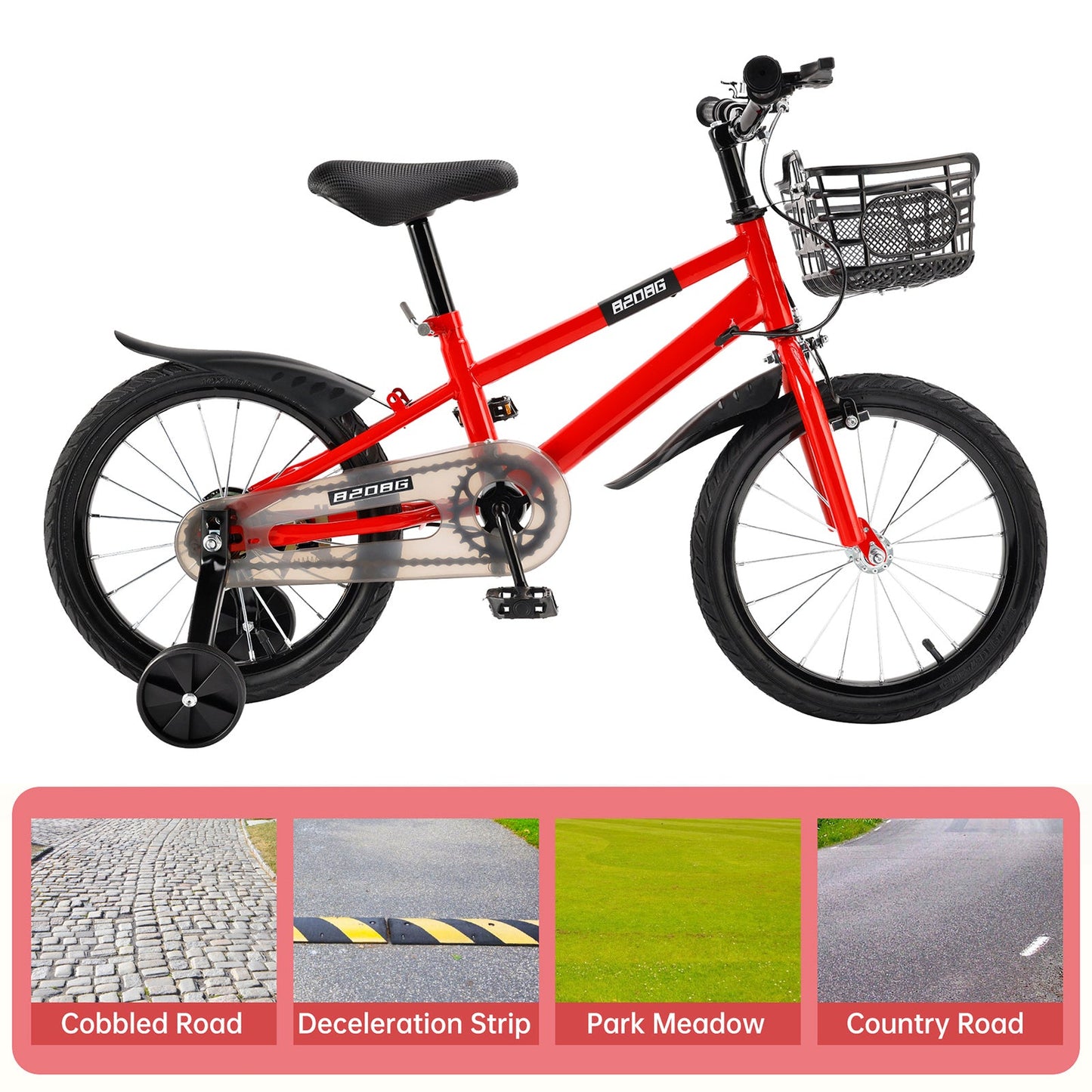 16 inch Children Bicycle w/ Training Wheels Basket Kickstand Red