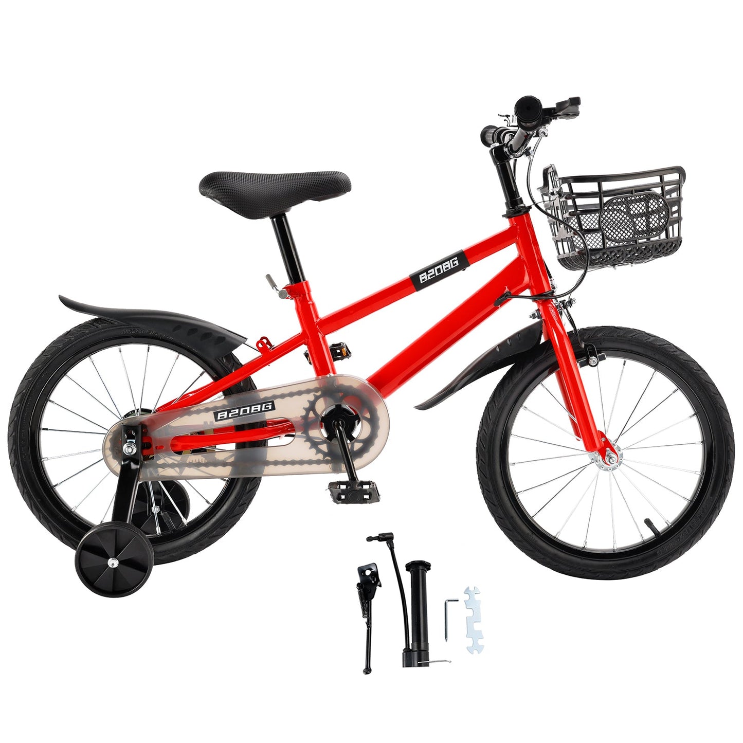 16 inch Children Bicycle w/ Training Wheels Basket Kickstand Red